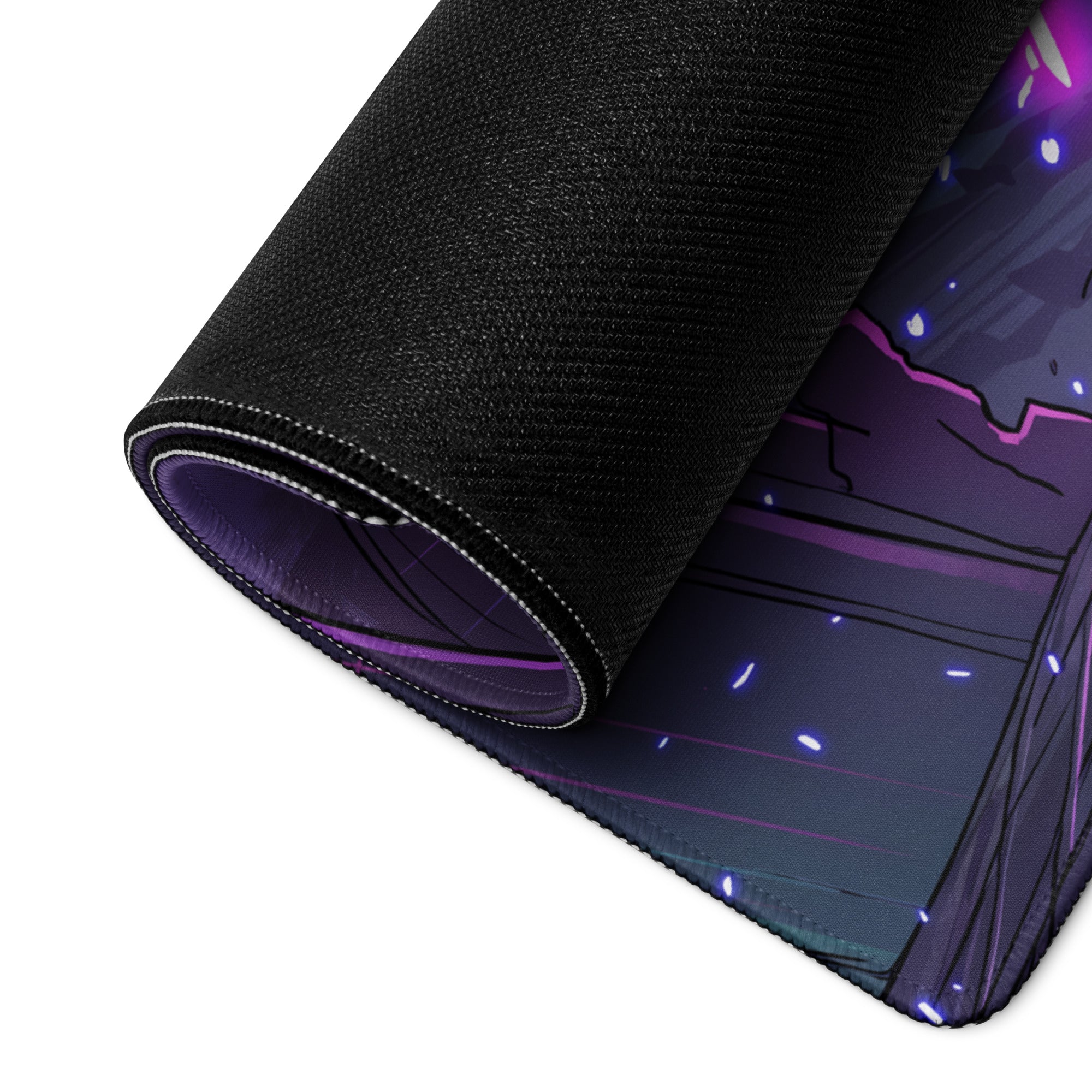 A rolled-up black gaming mousepad featuring vibrant purple and blue neon vaporwave anime-style glowing artwork