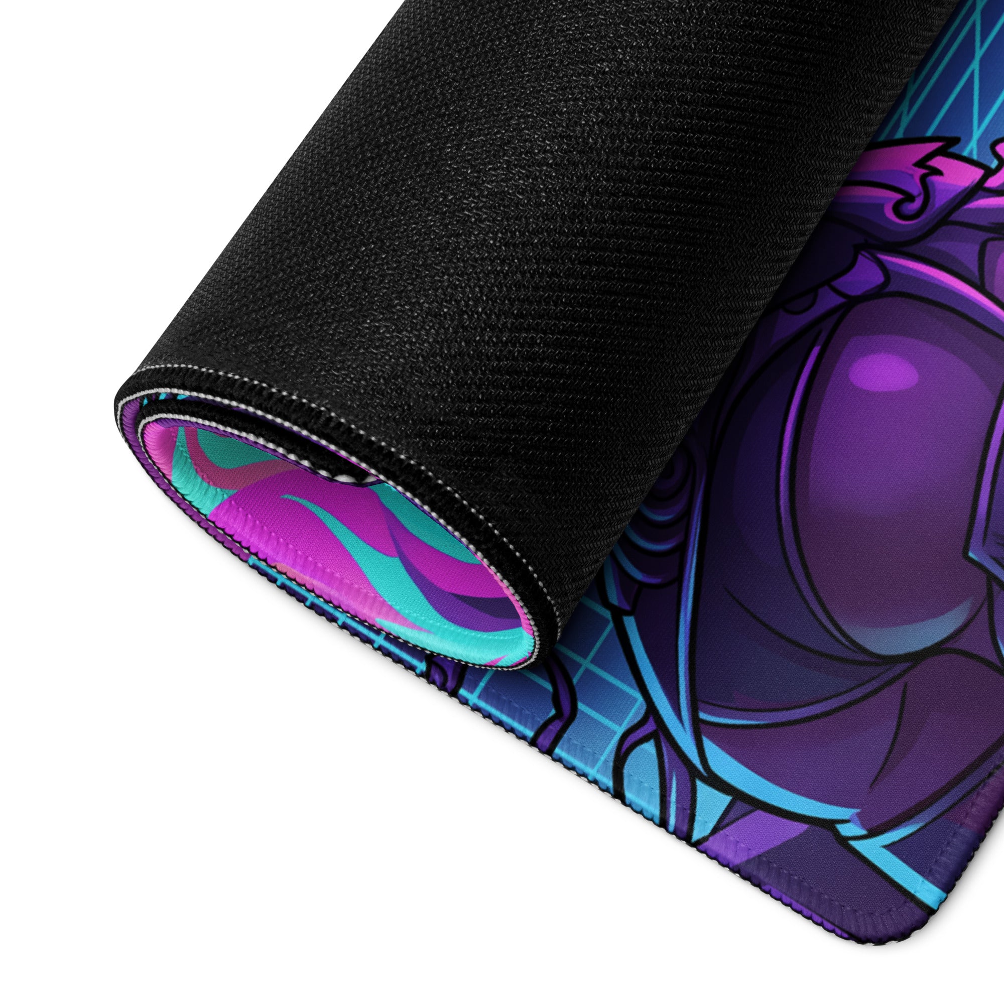 A rolled-up neon vaporwave gaming mouse pad with vibrant purple and teal anime design and black fabric edges