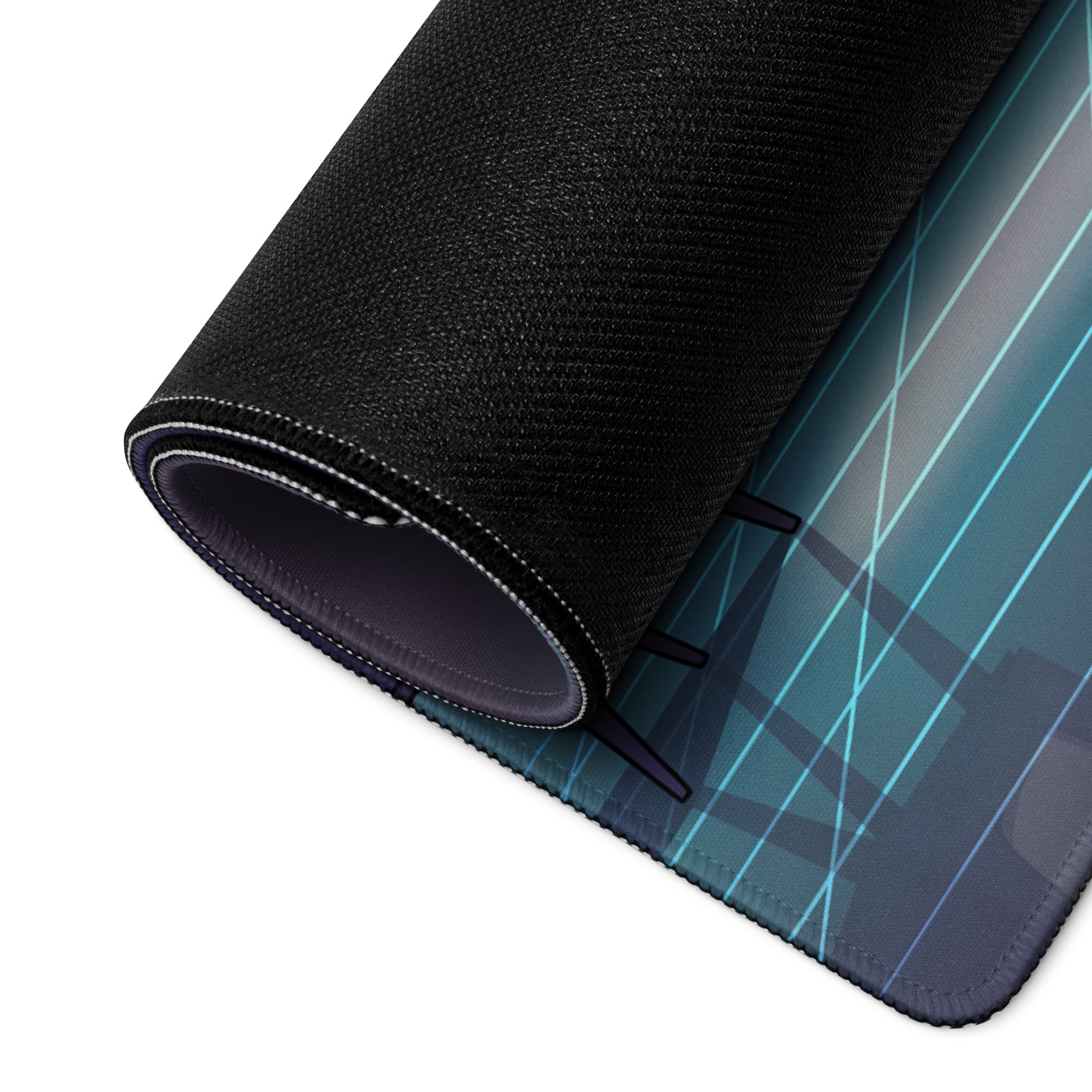 Black textured vaporwave neon gaming mouse pad with glowing blue lines on dark teal background for desk use