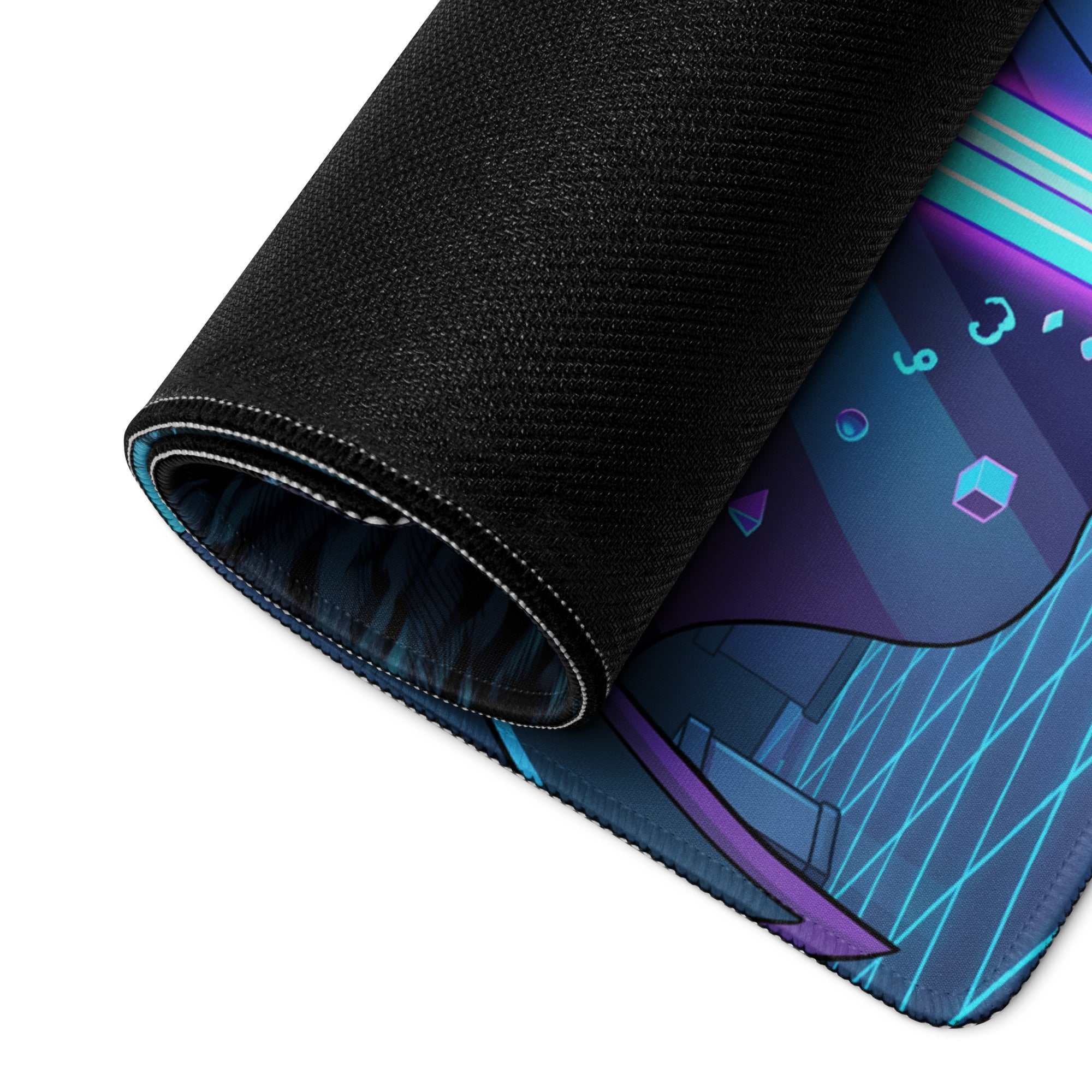 A rolled-up neon angel wings vaporwave gaming mousepad with vibrant blue and purple geometric patterns on a dark background