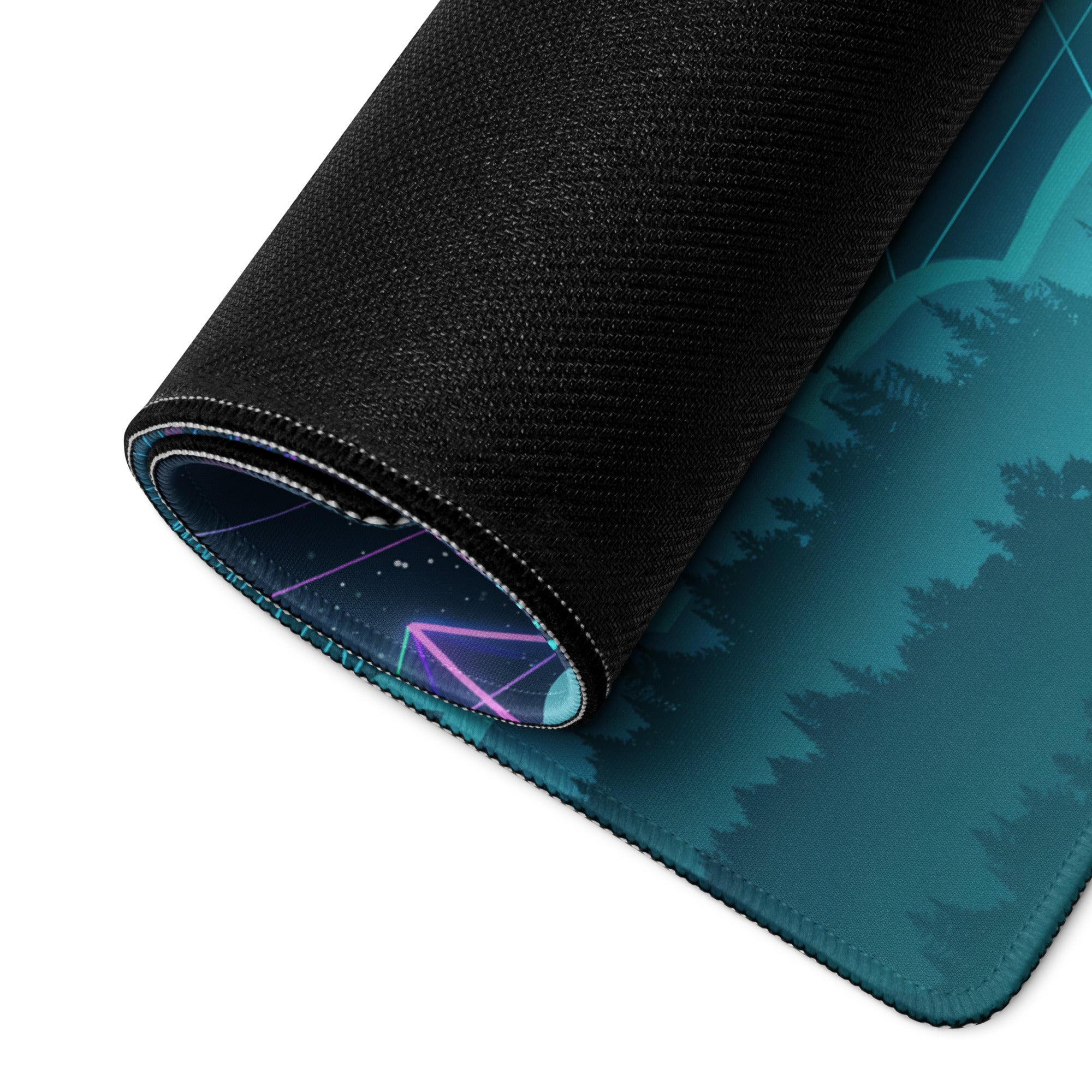 Teal and black gaming mousepad with forest silhouette design vaporwave neon globe pad for neon gaming futurism desk art