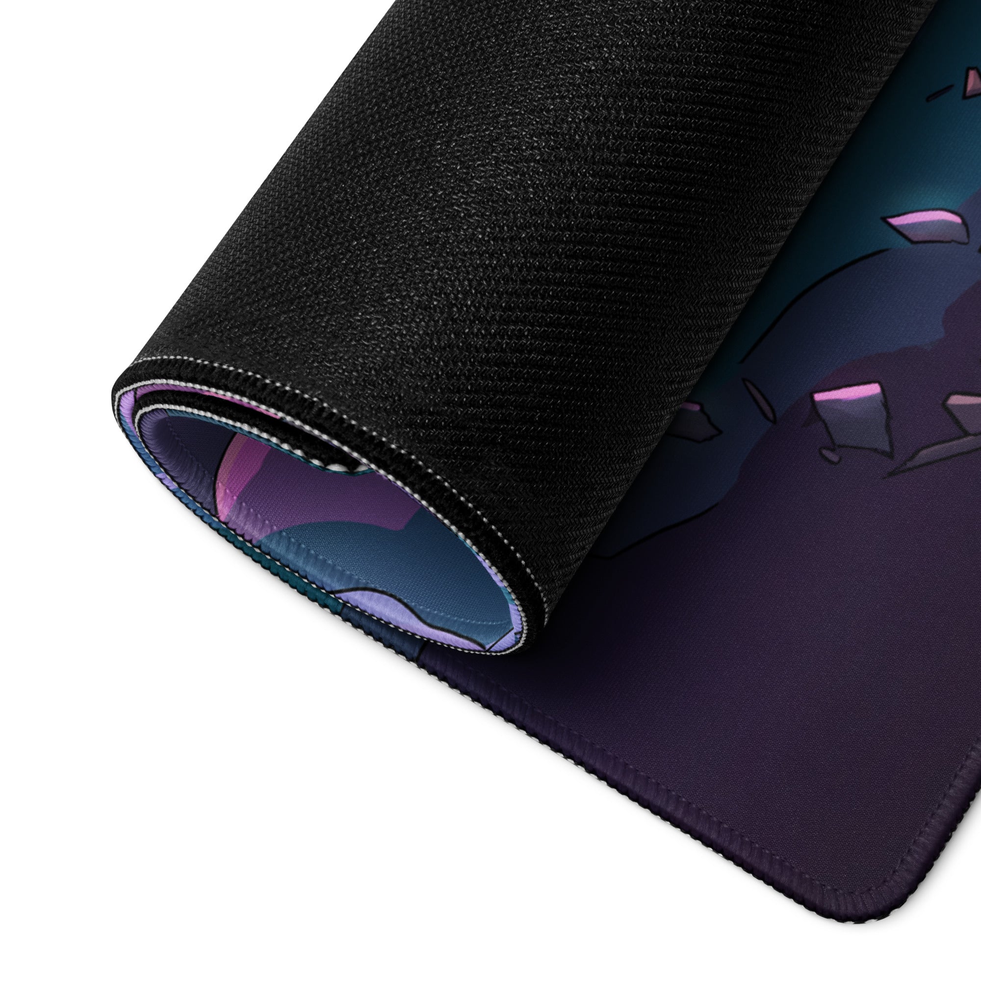 Black rolled vaporwave neon sky gaming mouse pad with purple and blue anime-style illustration on unrolled edge