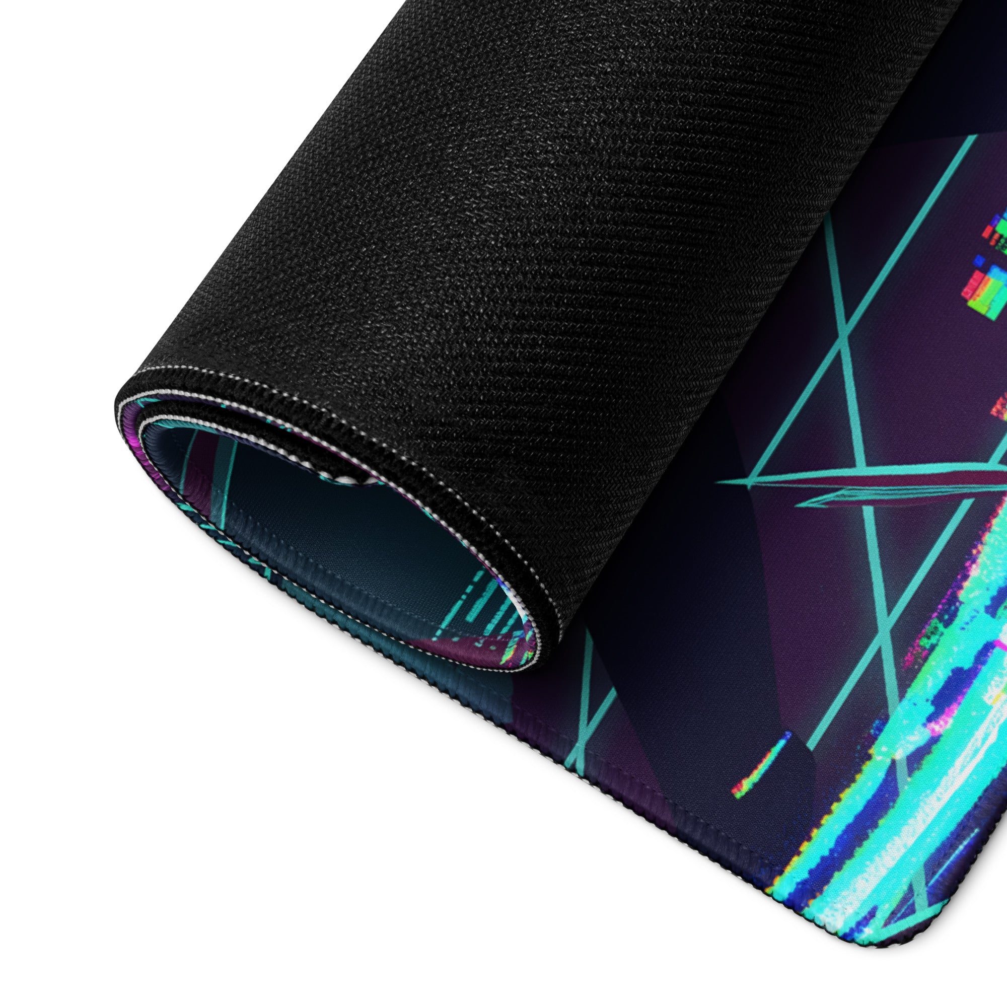A rolled-up black neon vaporwave gaming mouse pad with teal purple glitch geometric design for retro futuristic mood