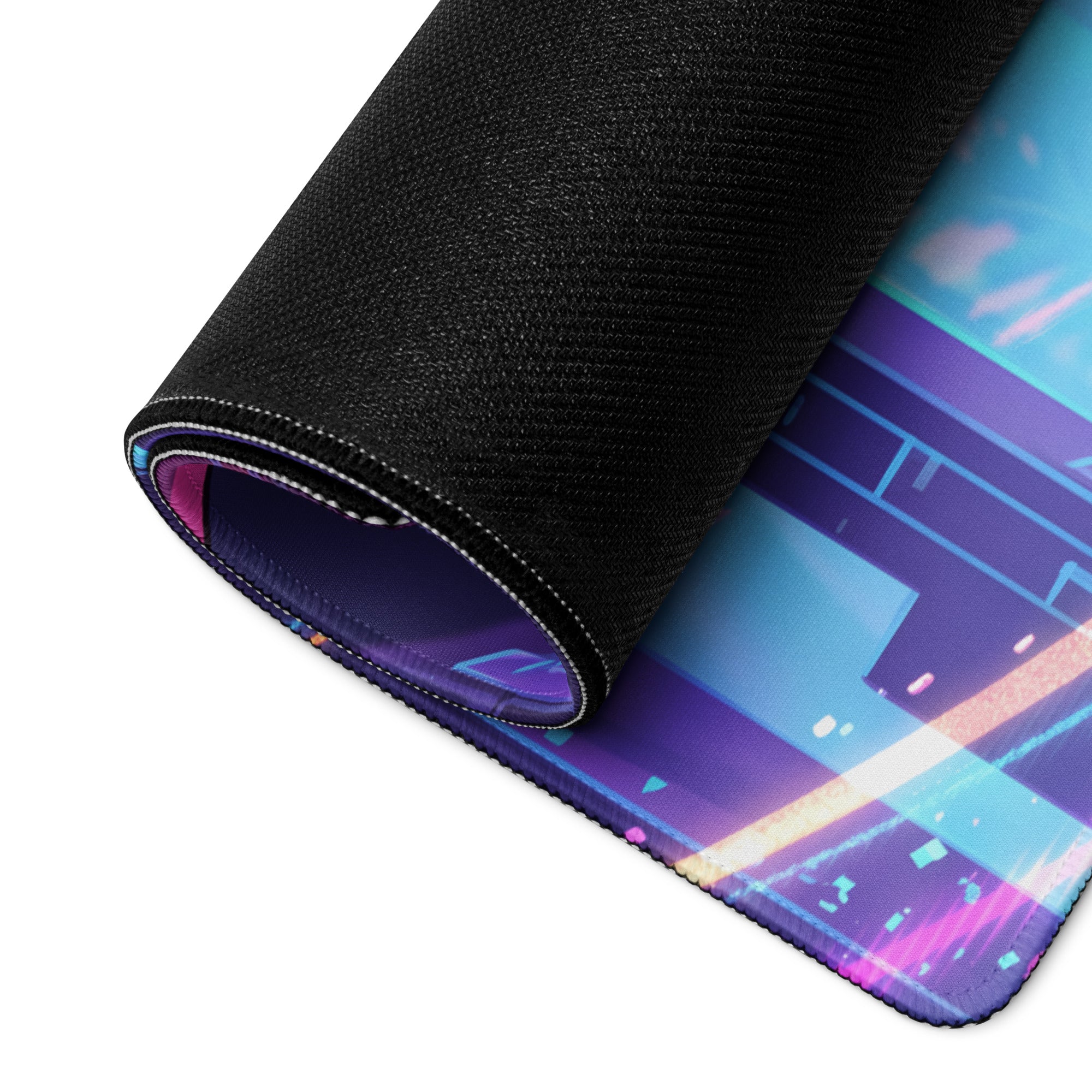 A rolled-up neon vaporwave samurai mouse pad with a vibrant purple blue cyberpunk cityscape design for gaming desk use