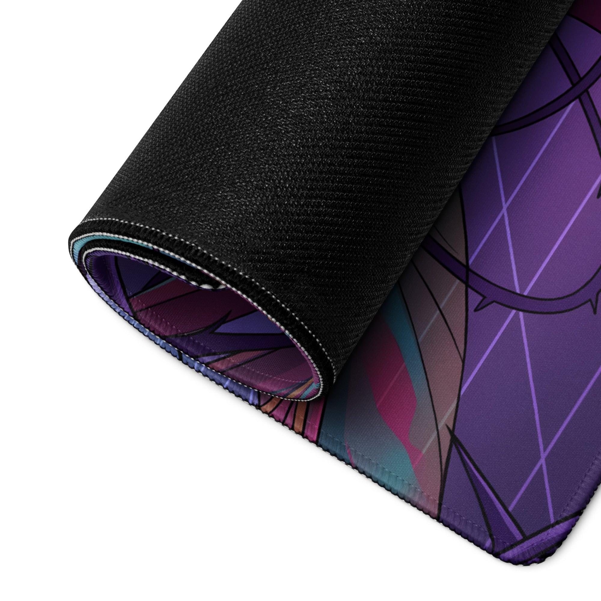 A rolled-up black mousepad with a vibrant purple and teal geometric design vaporwave elf neon style