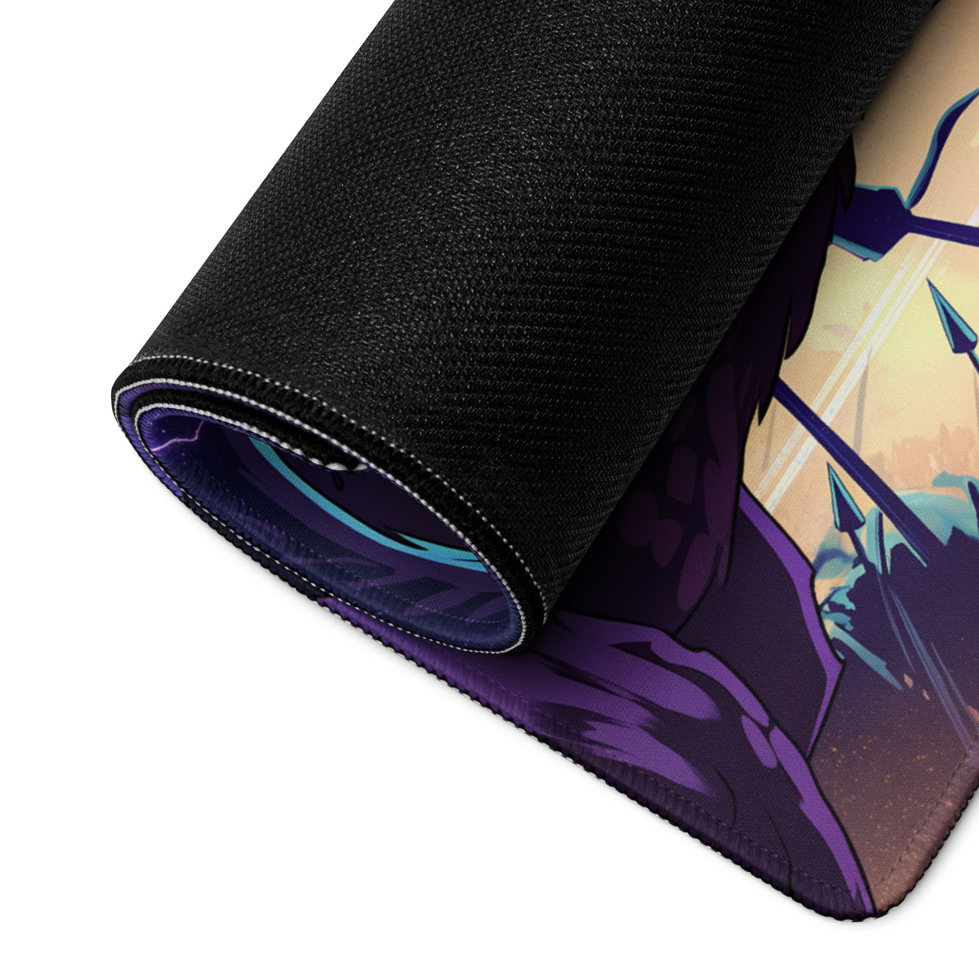 Black textured mousepad with rolled edge featuring purple and teal anime-style vaporwave dragon neon illustration