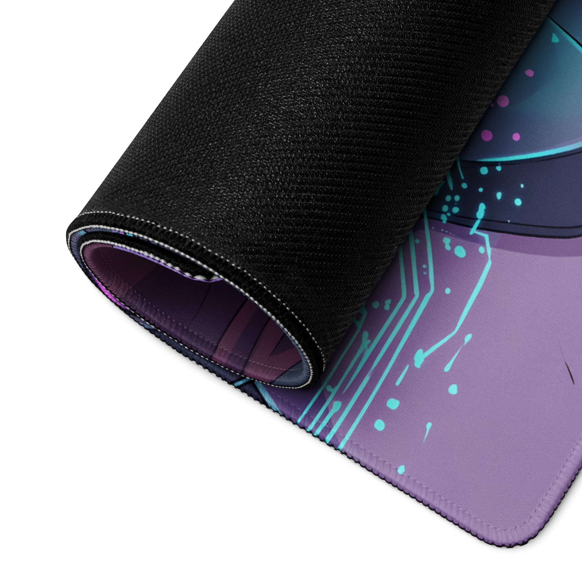 A rolled-up neon vaporwave mouse pad with purple and teal circuit design black fabric stitched edges for gamers
