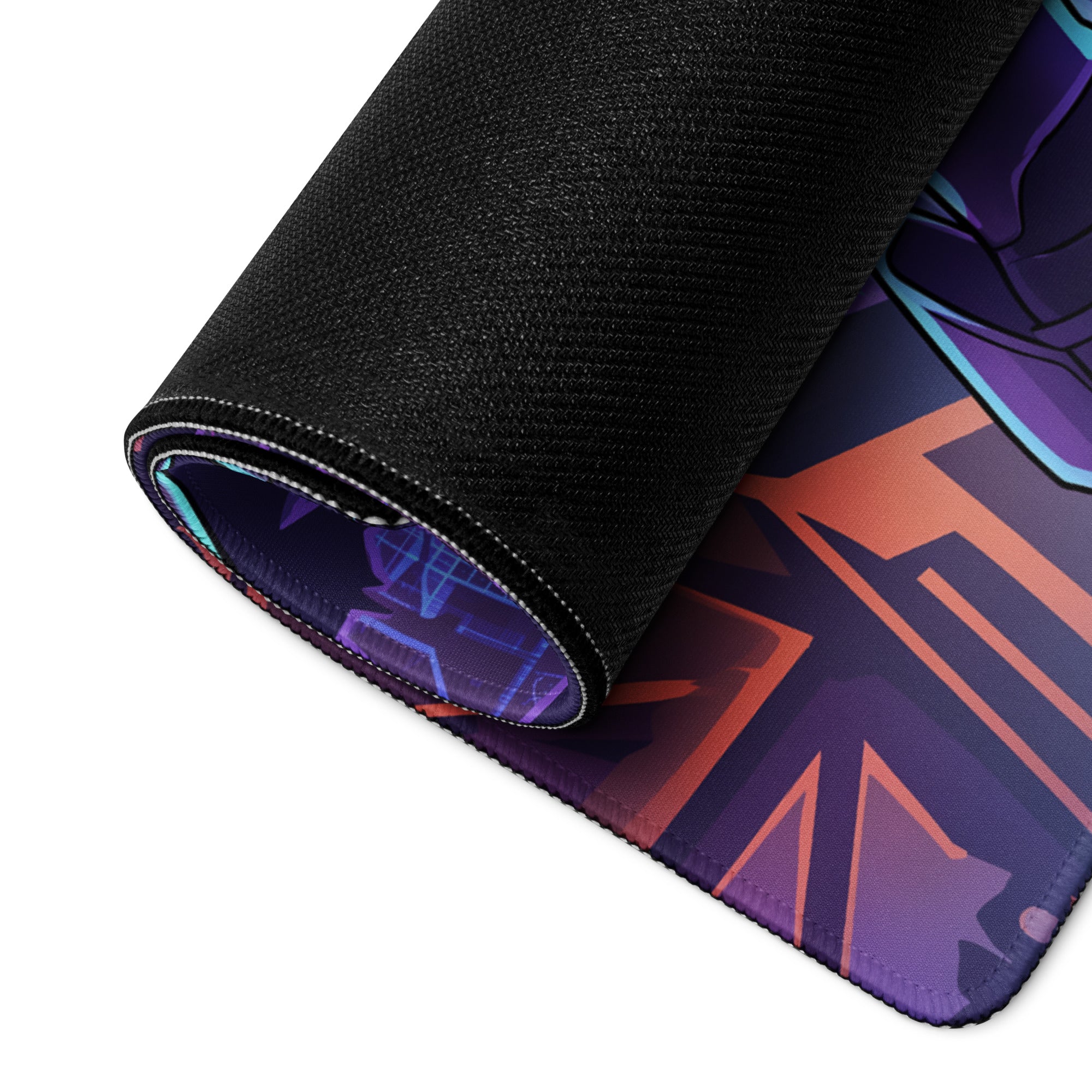 A rolled-up vaporwave neon hero gaming mouse pad with vibrant purple orange geometric design and black textured underside