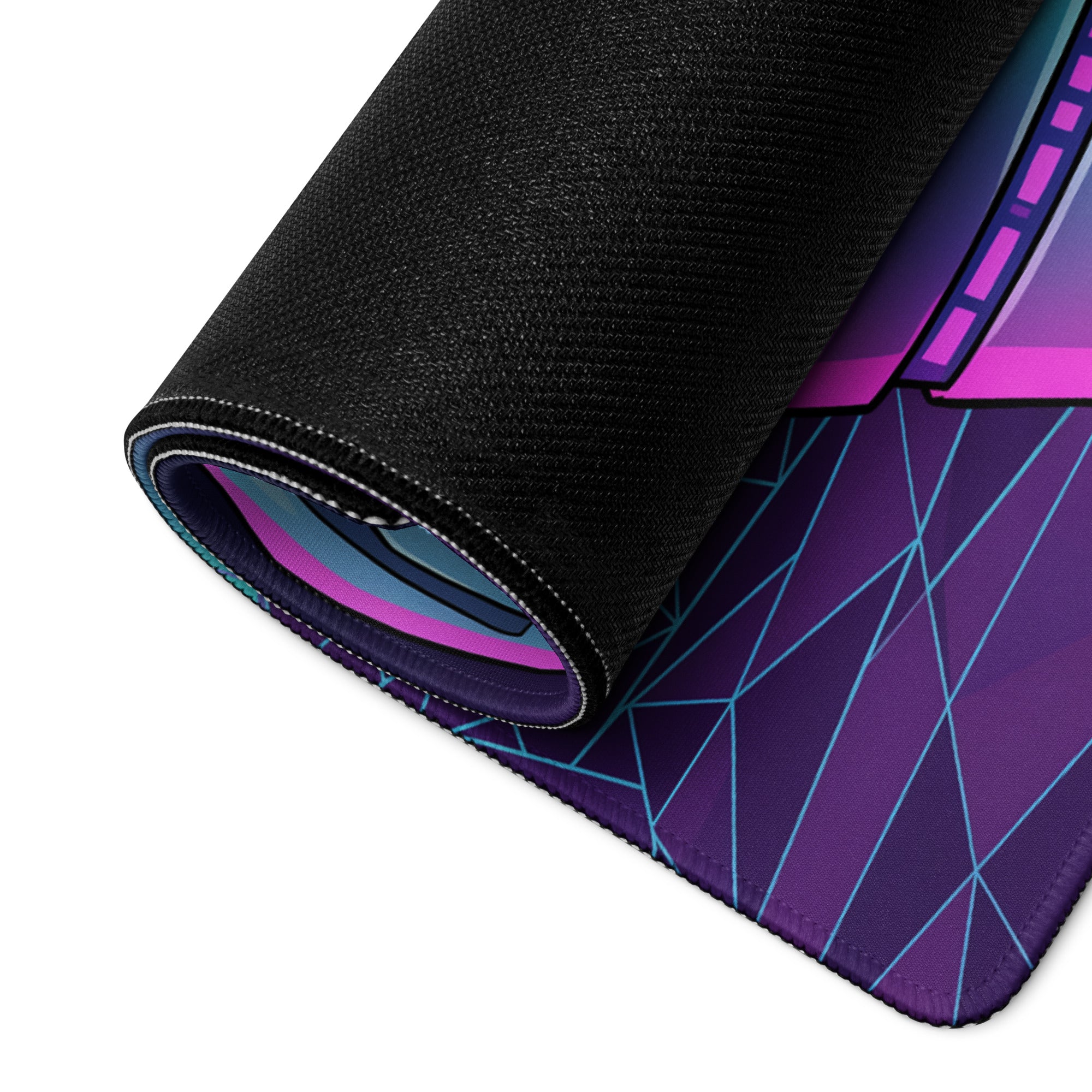 A rolled-up neon vaporwave cyberpunk mouse pad with a black textured surface and vibrant purple pink blue geometric patterns