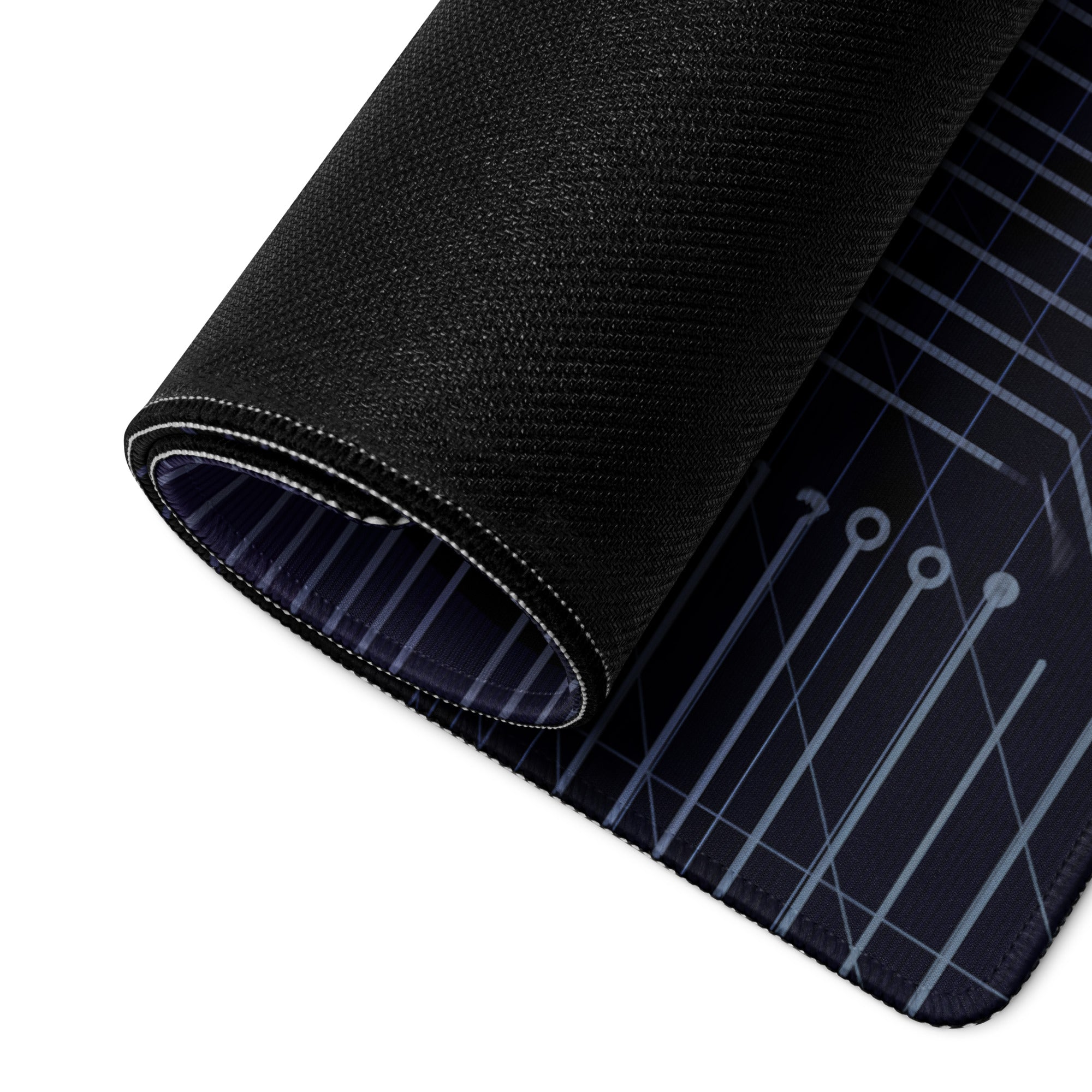 Black textured vaporwave neon circuit mouse pad with light gray design partially rolled to show underside