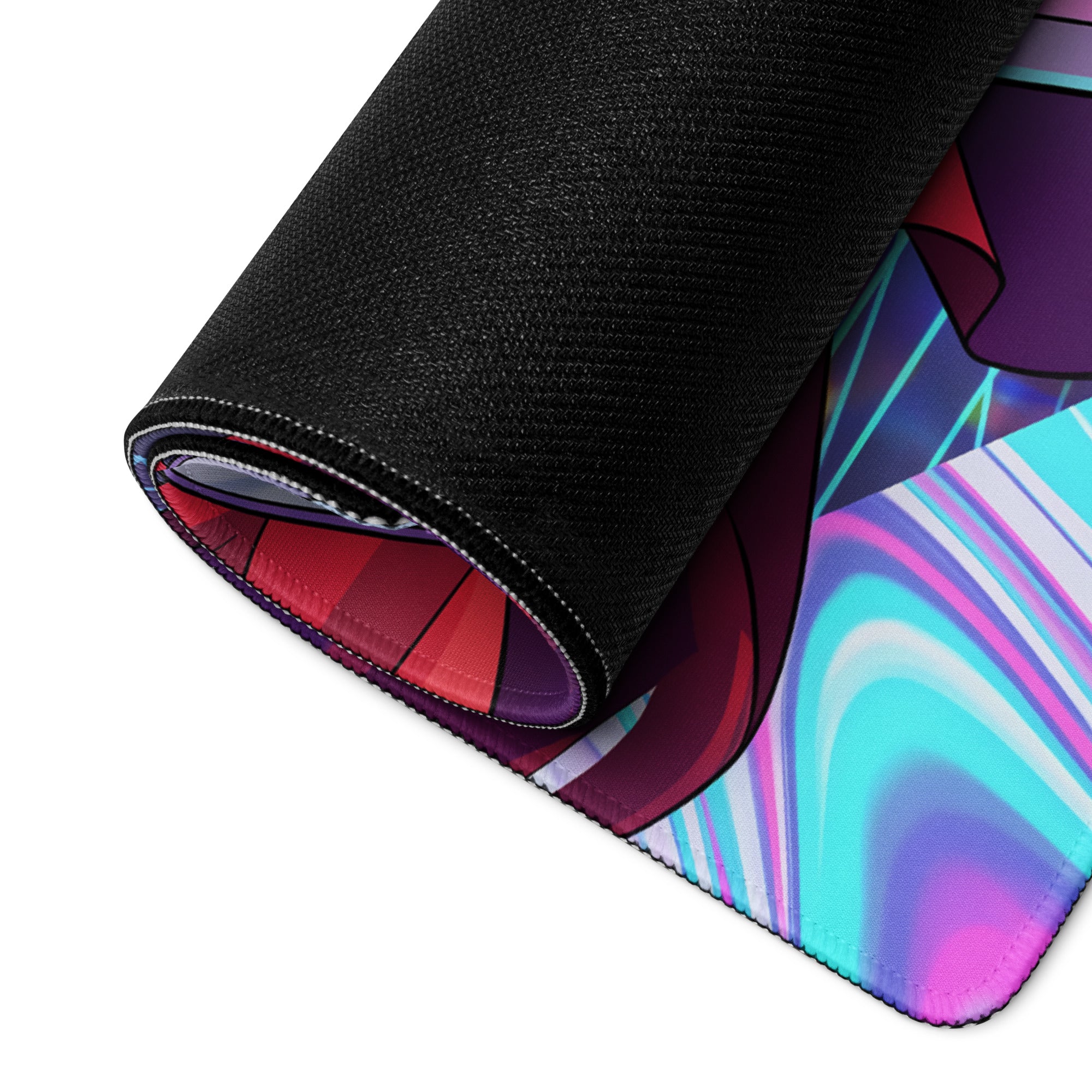 Neon vaporwave warrior gaming mouse pad with vibrant teal purple pink psychedelic swirl on black fabric surface rolled up
