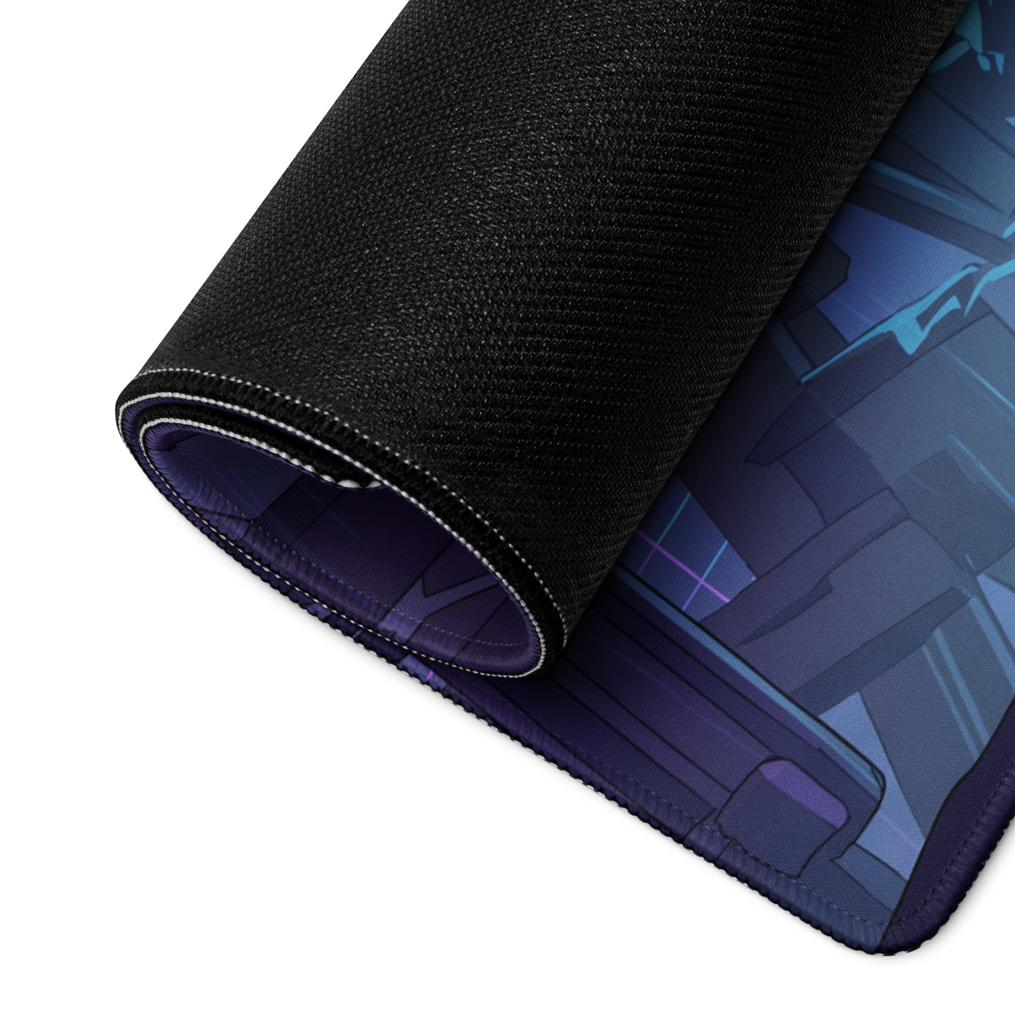 Black textured gaming mousepad with rolled edge and blue purple neon vaporwave design digital art desk mat