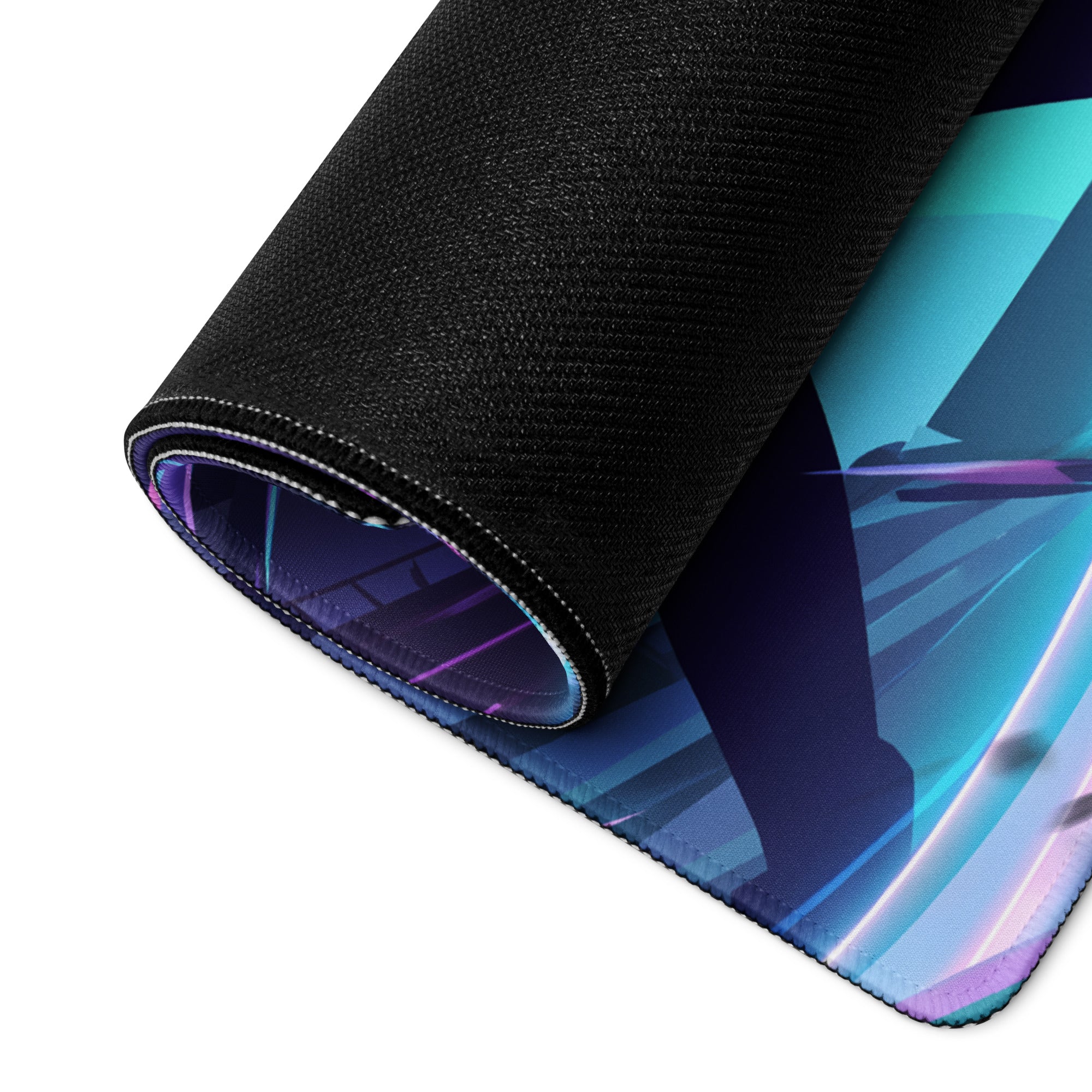 A rolled-up neon vaporwave night pad pro gaming mouse pad with glowing teal and purple cyberpunk design on dark background