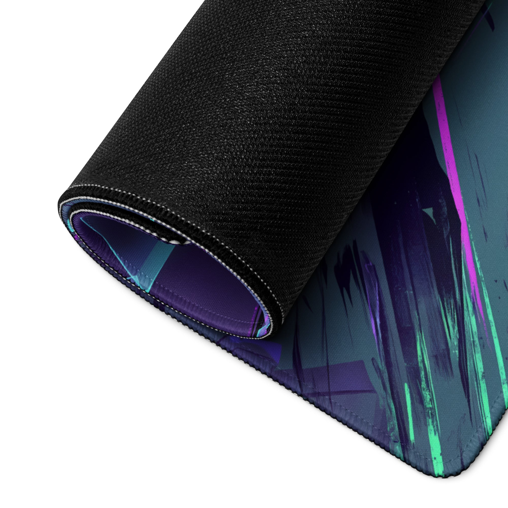 A rolled-up vaporwave neon warrior gaming mousepad with black textured outer layer and vibrant purple teal digital design