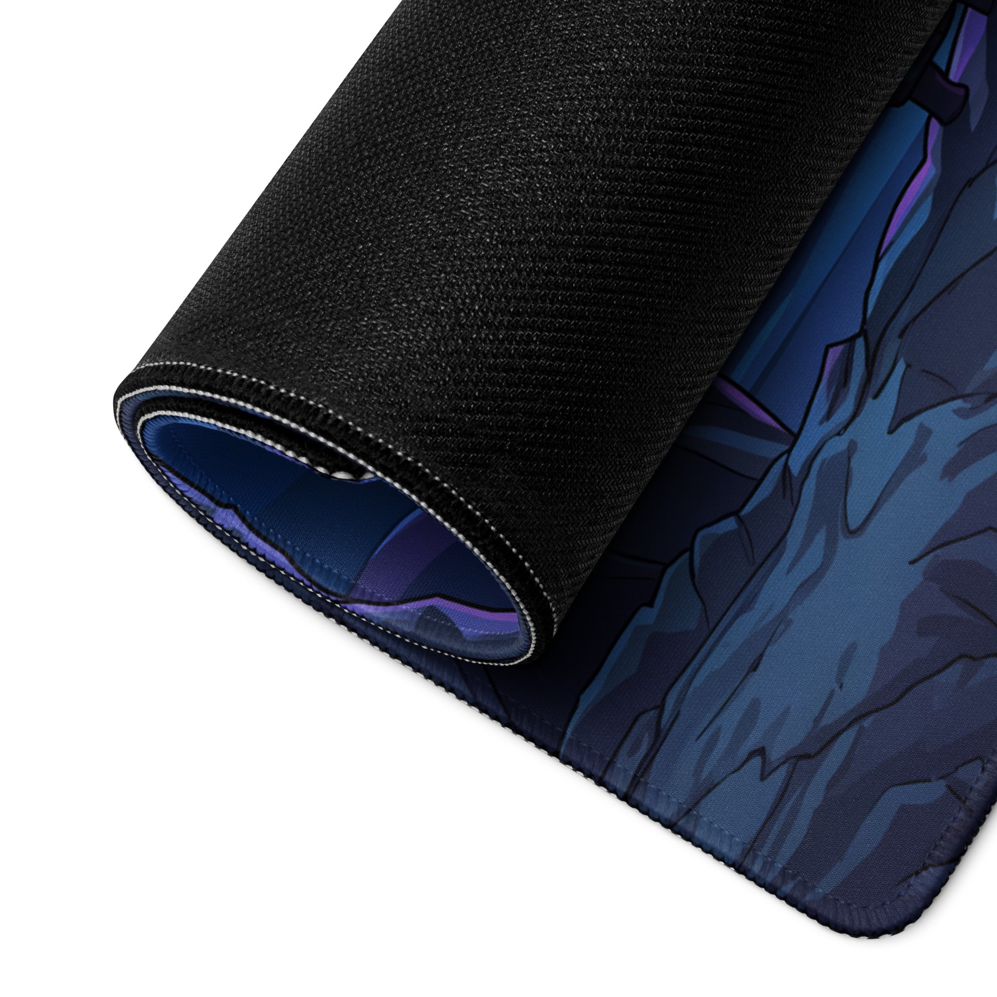 Black textured mousepad with rolled edge featuring dark blue and purple rocky terrain neon castle vaporwave design