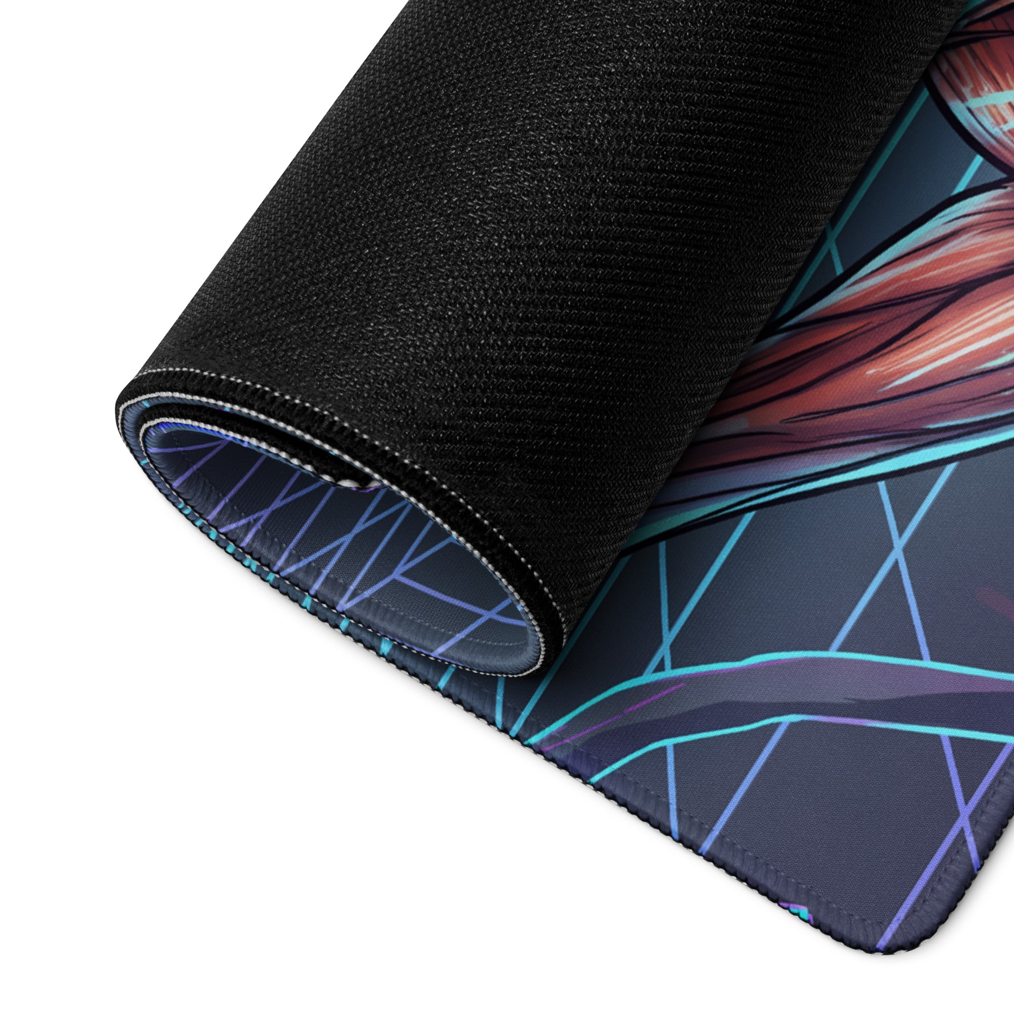 Black gaming mousepad with vibrant vaporwave neon zombie anime design featuring red and teal accents rolled to show texture