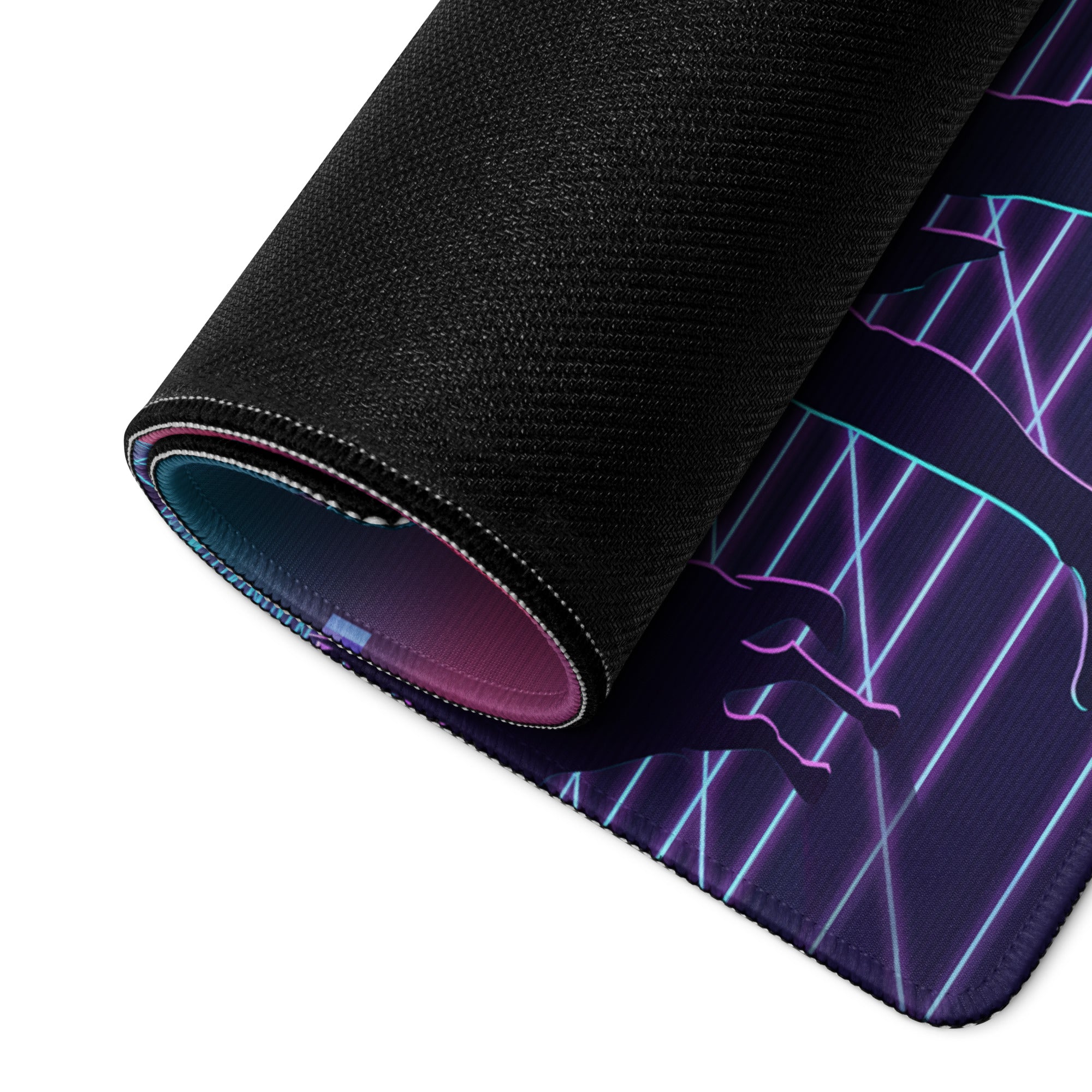 A rolled-up black gaming mousepad with a vibrant neon purple and blue geometric vaporwave design