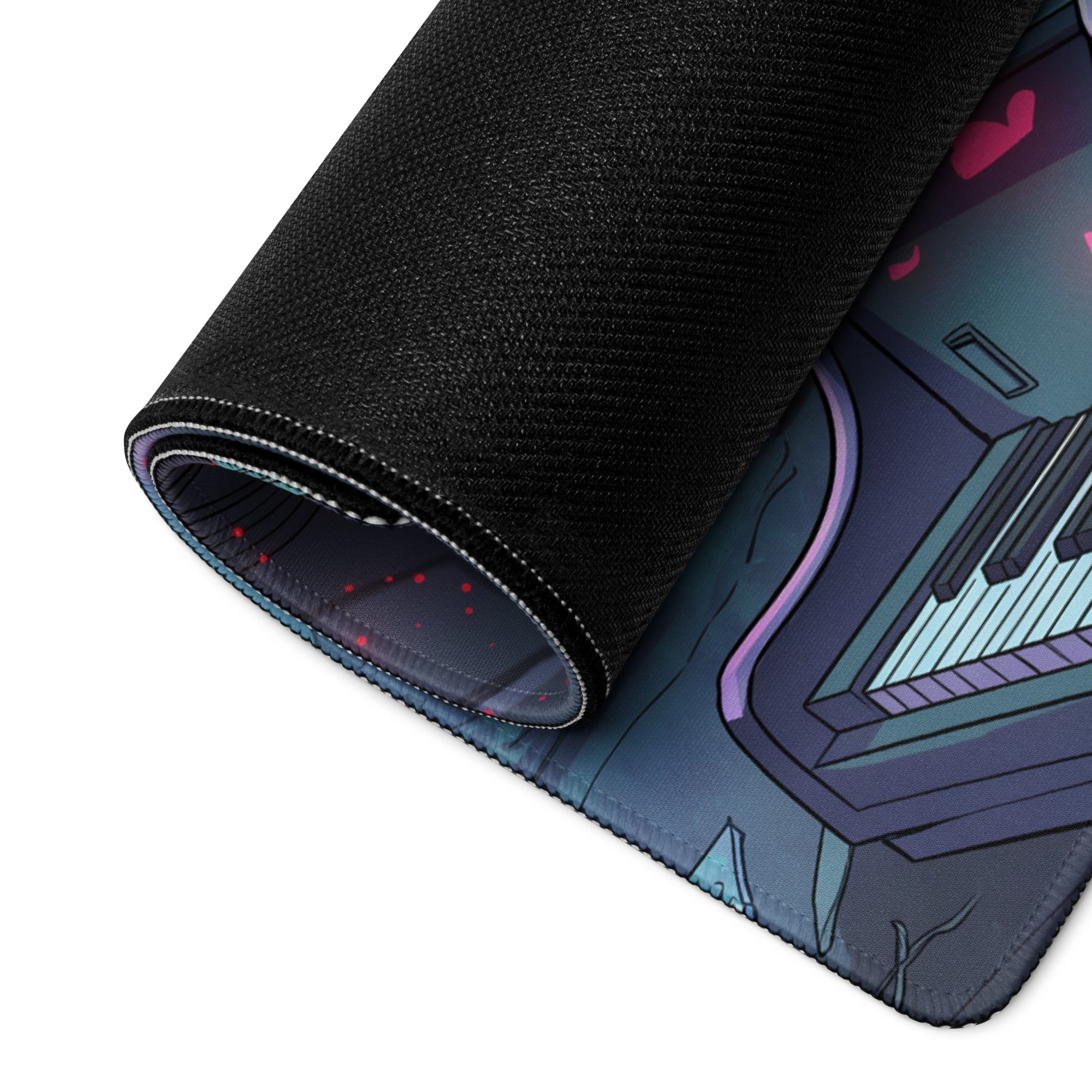 A rolled-up black gaming mouse pad with a neon vaporwave anime-inspired piano design in purple and teal accents