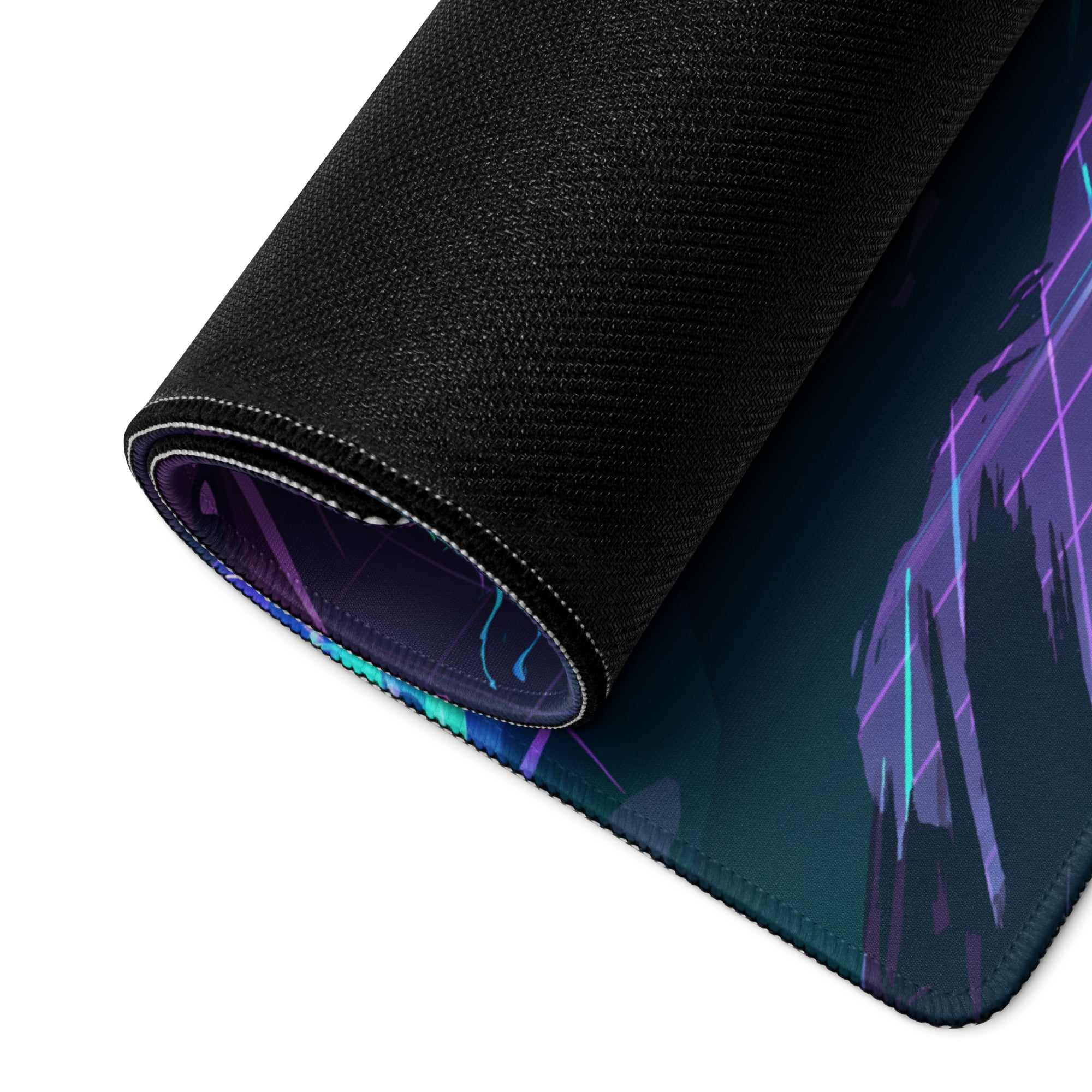 Black gaming mousepad with vibrant neon purple and teal cyberpunk vaporwave synthwave digital artwork design
