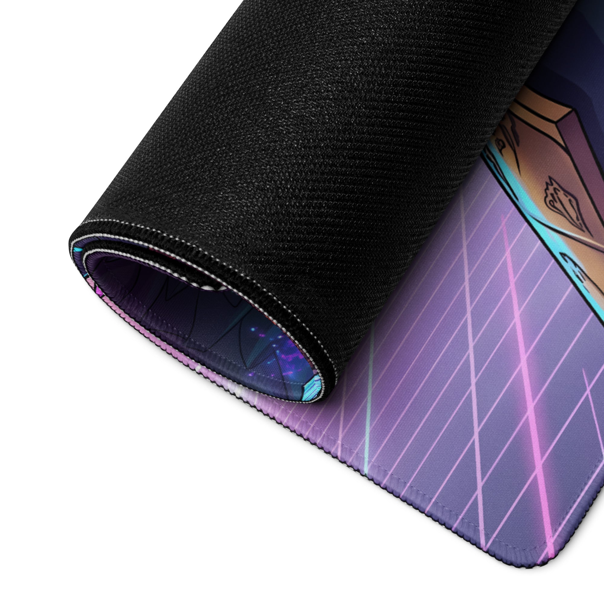 Black rolled-up gaming mousepad with vibrant purple pink neon grid vaporwave angel design for desk use