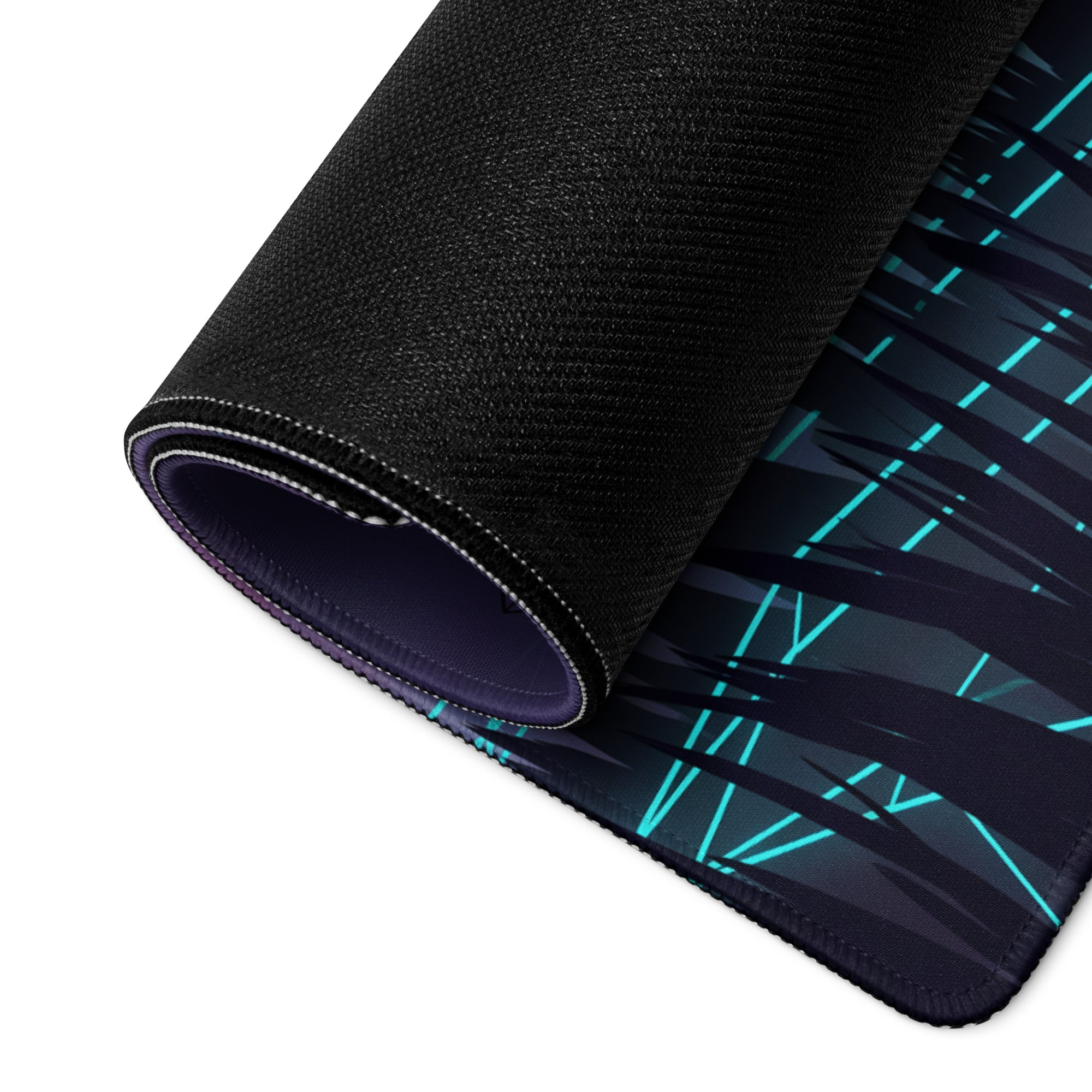 Black vaporwave neon gaming mouse pad with a sleek textured surface and vibrant teal geometric lines on dark background