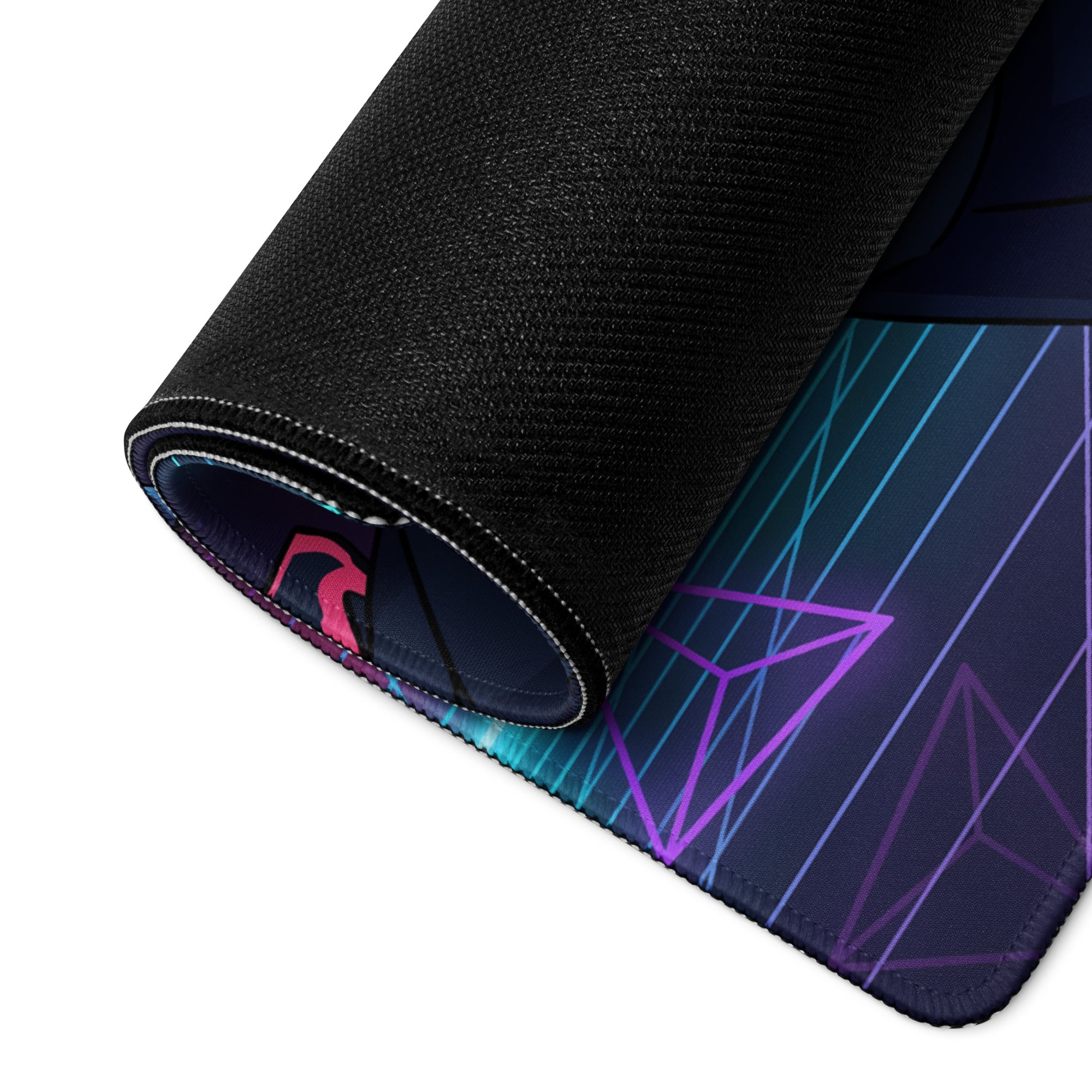 Neon vaporwave galaxy mouse pad with vibrant neon blue purple and pink geometric lines on a black gaming surface