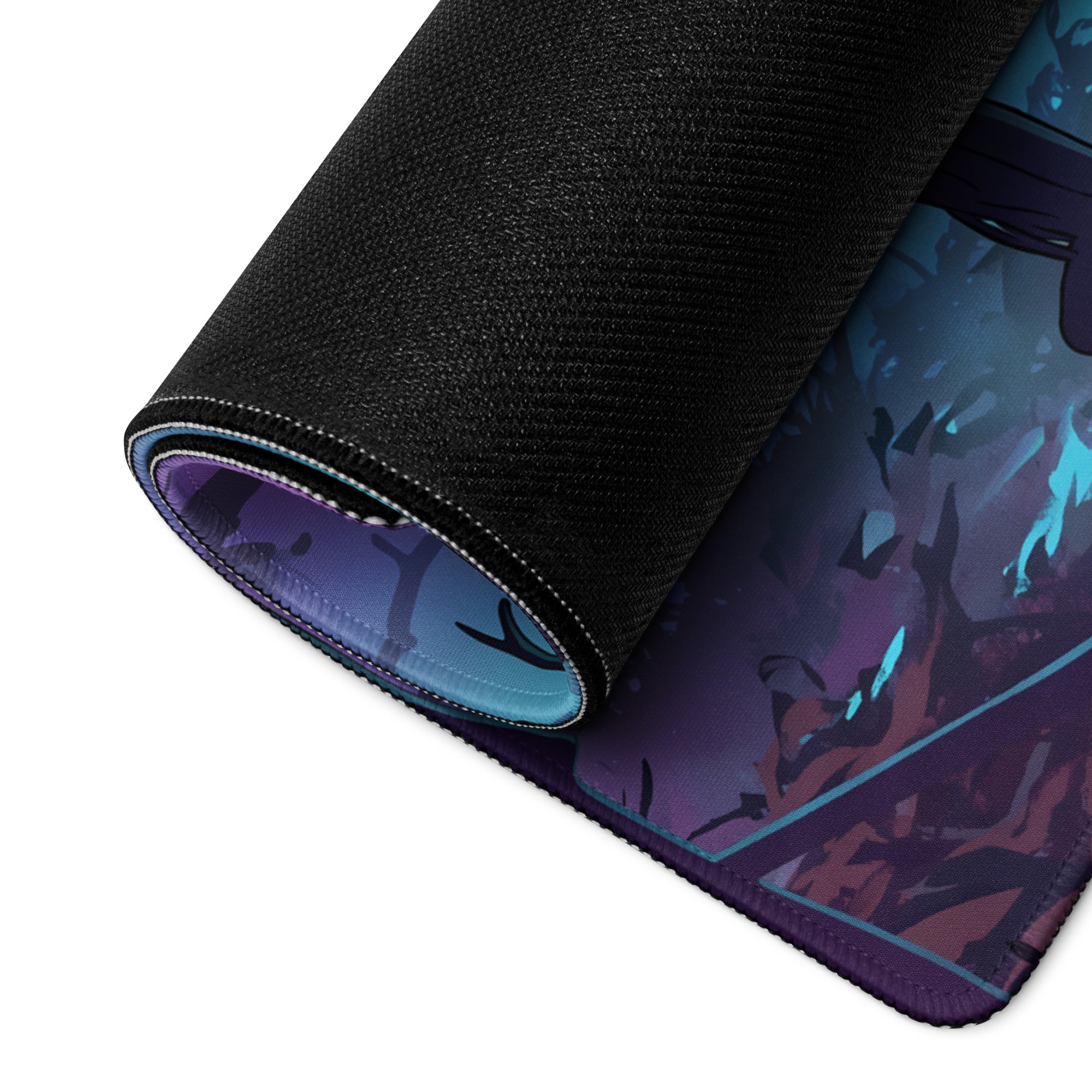A rolled-up black gaming mouse pad with vibrant purple teal neon vaporwave forest illustration and glowing blue accents
