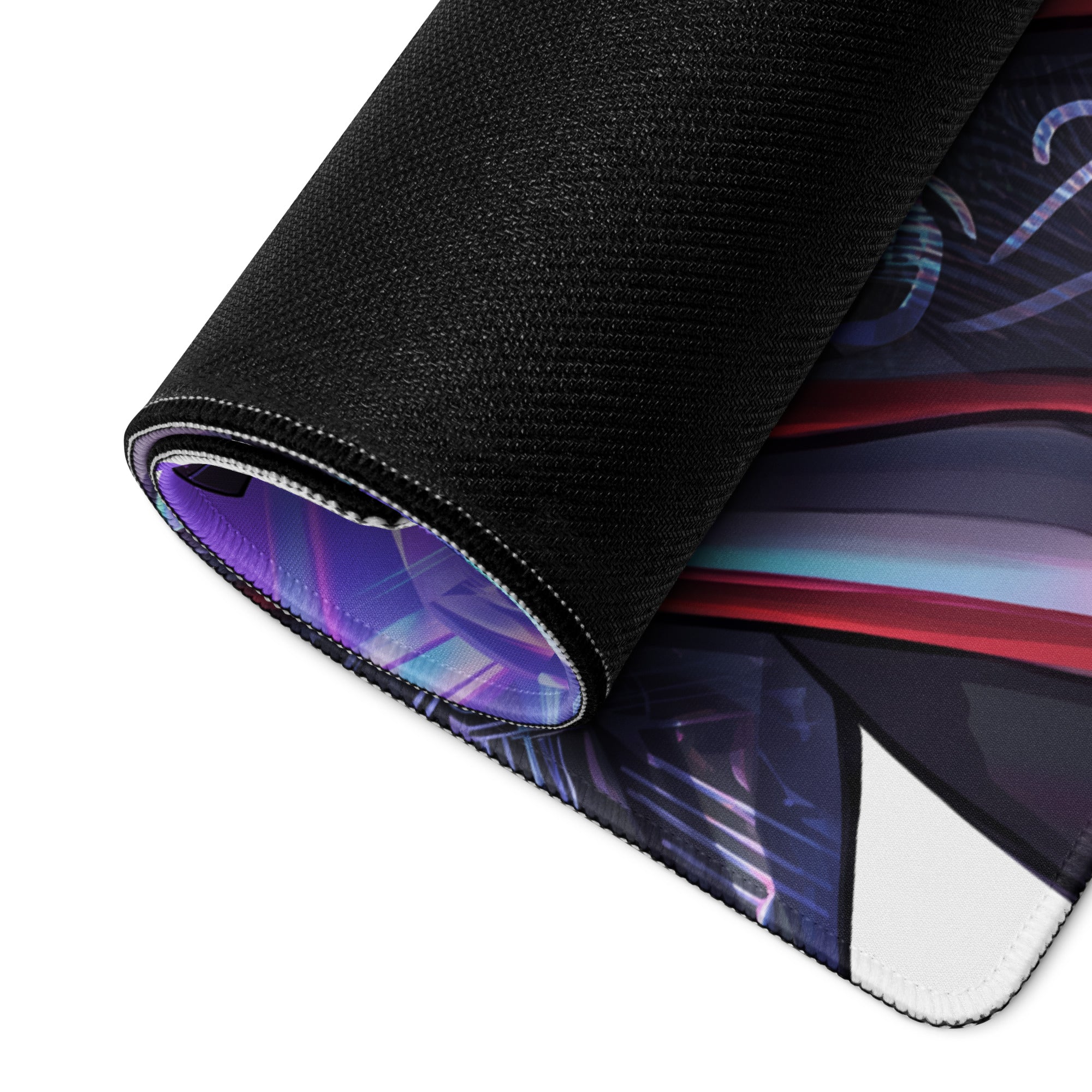 Black gaming mousepad with vibrant futuristic neon purple and blue gradients for vaporwave geisha style gaming setup