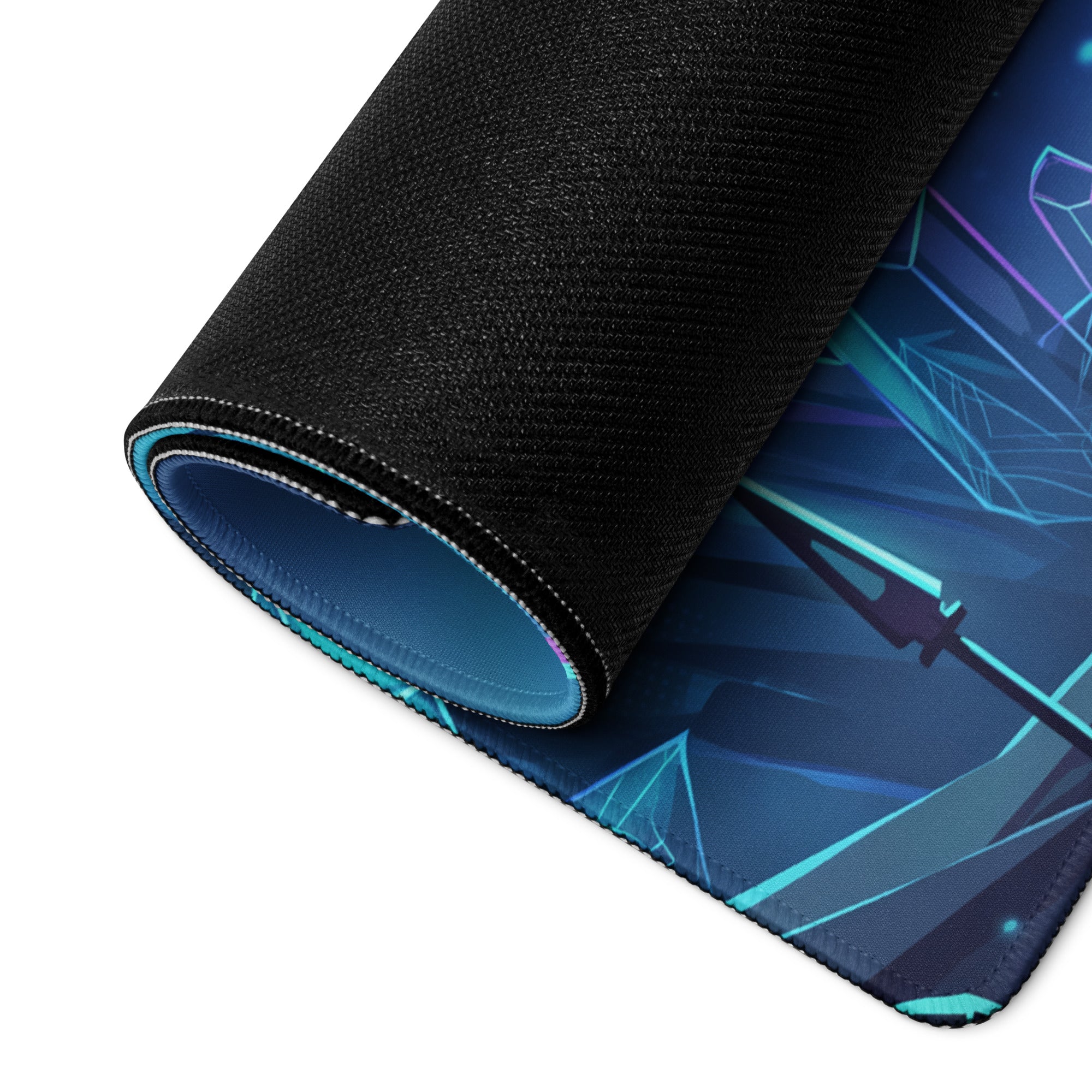 A rolled-up vaporwave neon dragon desk mat gaming mouse pad with black textured surface and blue purple geometric sword design
