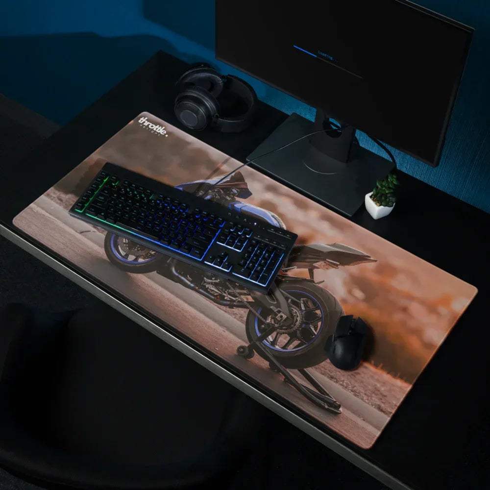 Yamaha R1 gaming mouse pad large XL rectangular high-resolution with detailed motorcycle graphic in warm orange tones
