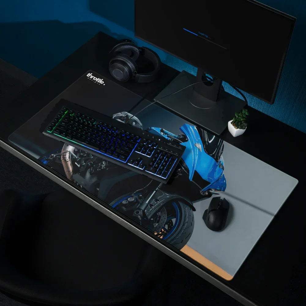Blue Yamaha R1 gaming mouse pad with glossy finish and detailed motorcycle-themed graphic design for large and XL use