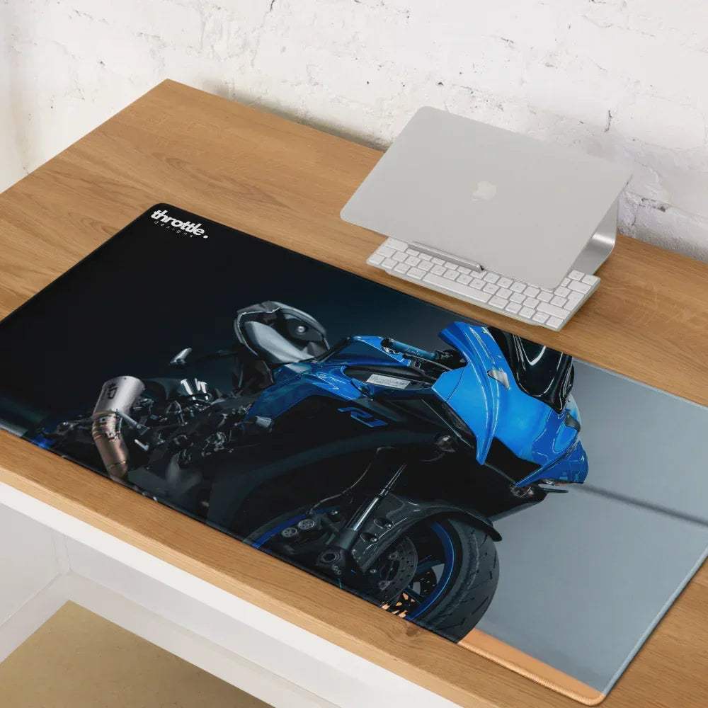 Blue yamaha r1 gaming mouse pad with motorcycle graphic large sized fabric mat for extended desk use