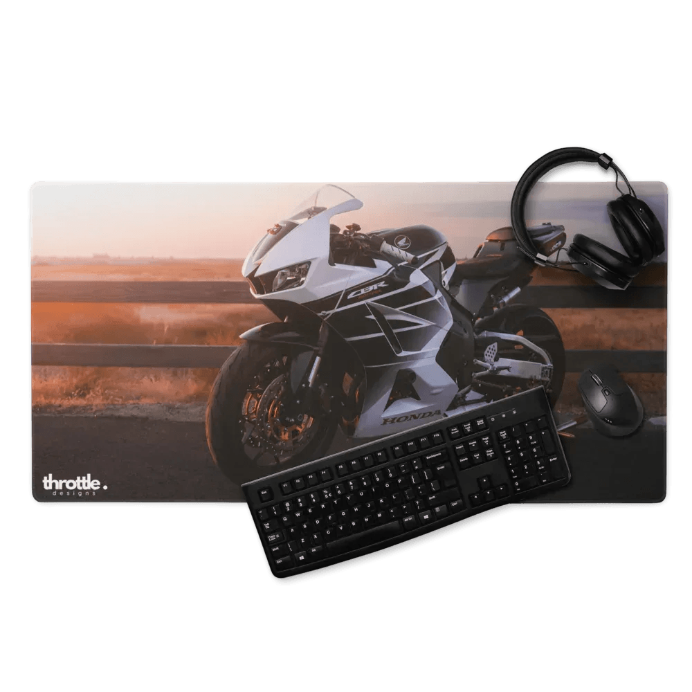 White and black Honda CBR600RR graphic printed on a large and XL extended gaming mouse pad