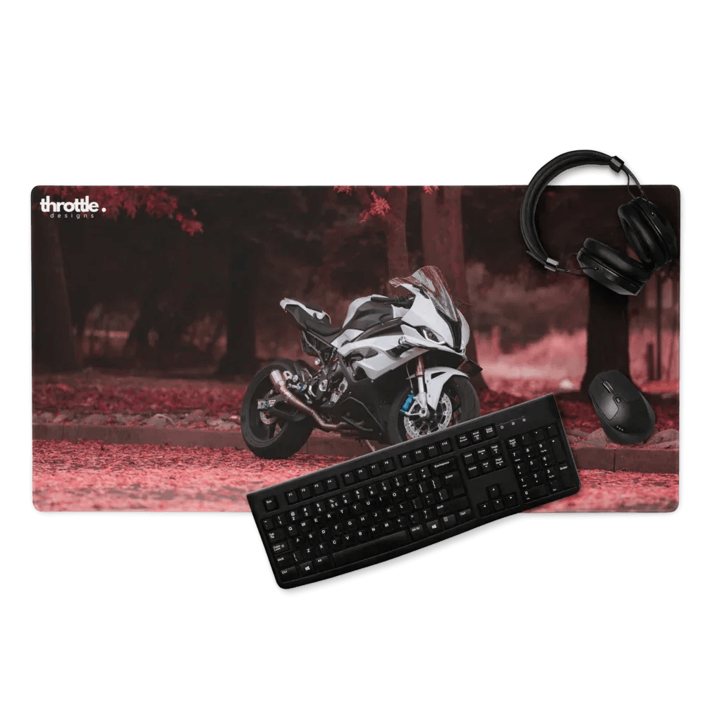 Black keyboard on bmw inspired s1000rr large gaming mouse pad with white and black motorcycle design on red background