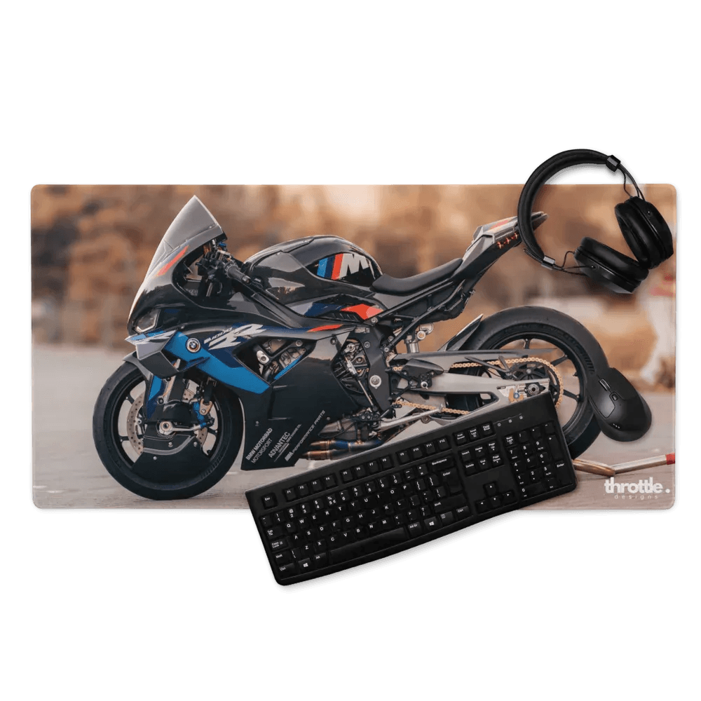Bmw inspired m1000rr gaming mouse pad featuring black and blue sport motorcycle with sleek aerodynamic design and branding