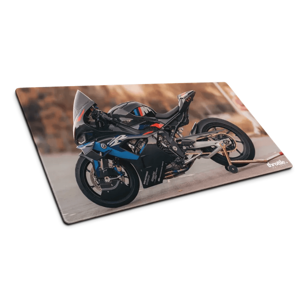 Bmw inspired m1000rr gaming mouse pad large xl printed with black and blue sport motorcycle on a rectangular mat