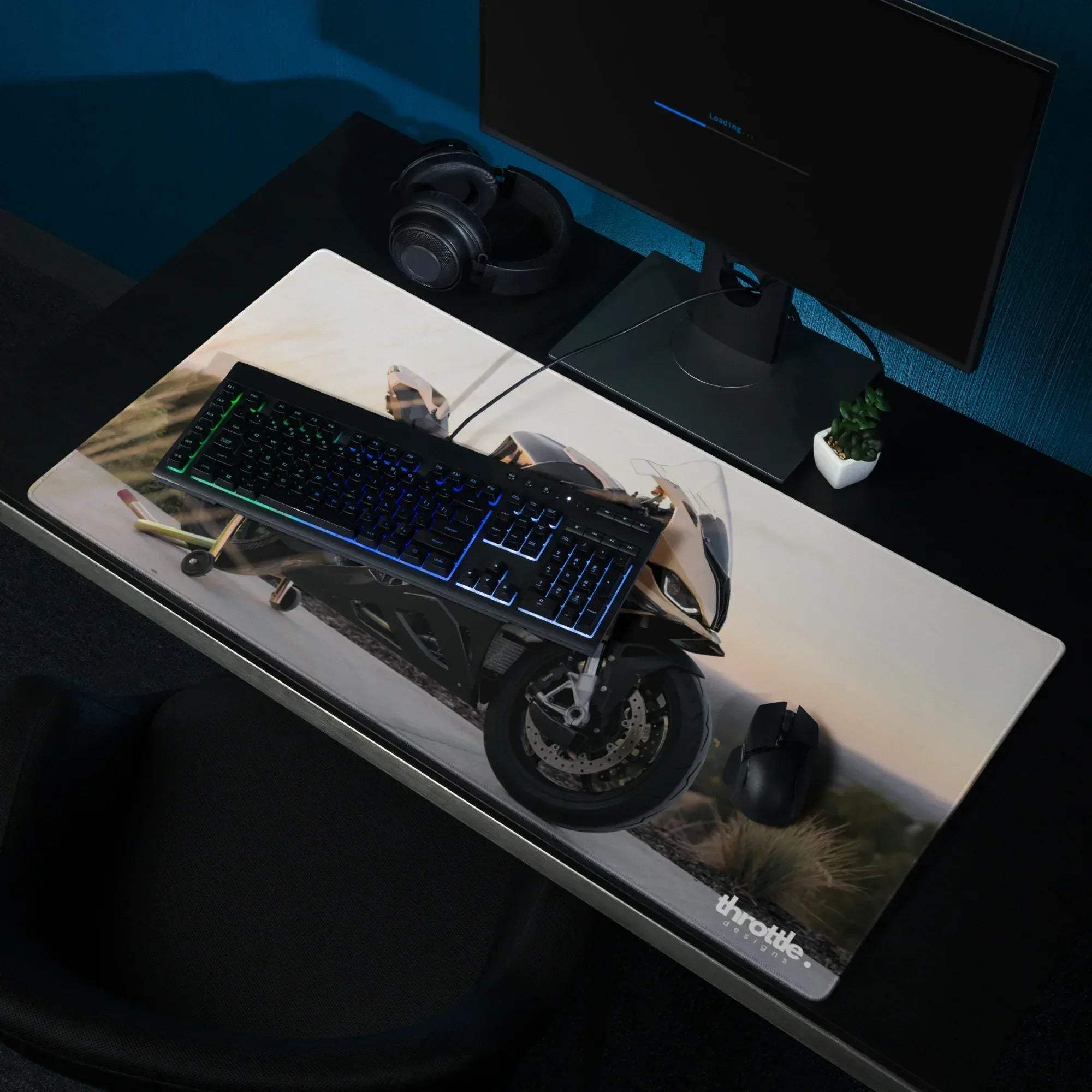 White sport bike graphic gaming mouse pad with throttle logo inspired by bmw s1000rr large xl extended size