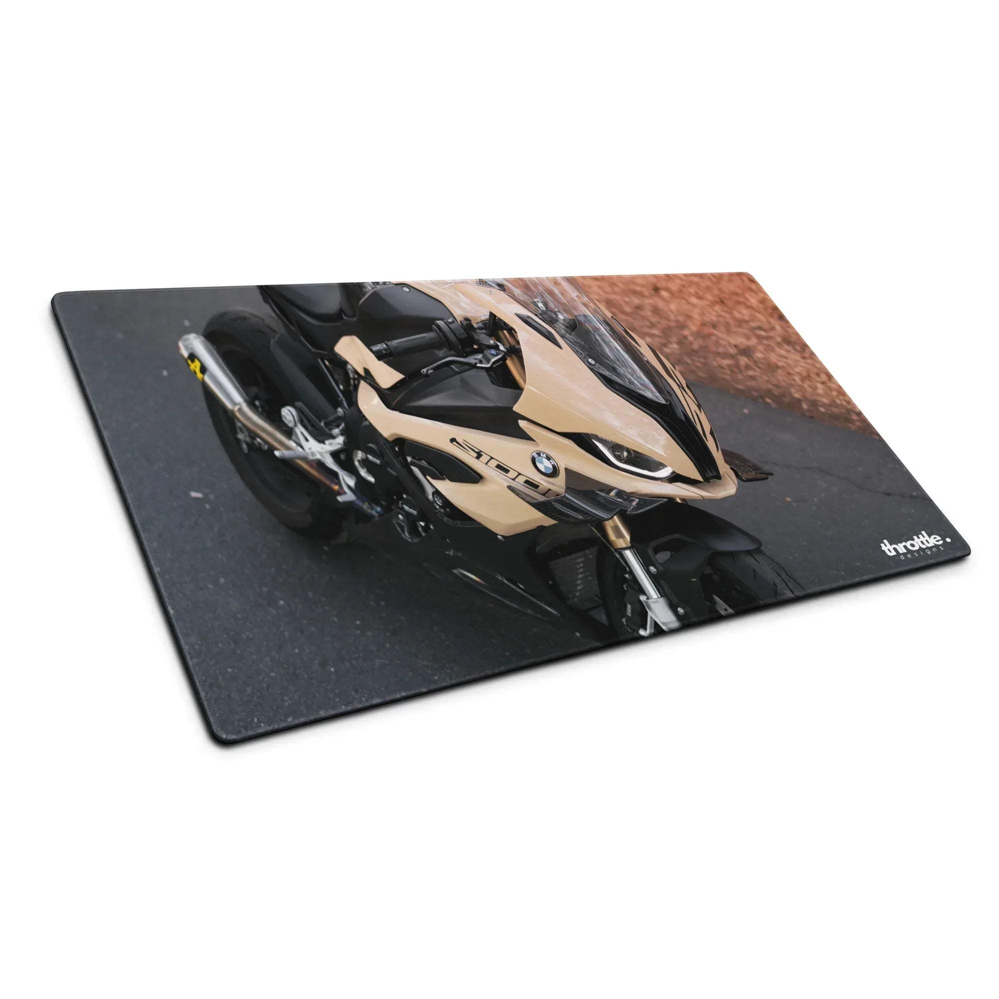 Beige and black bmw s1000rr printed on a large and xl gaming mouse pad for extended desk use