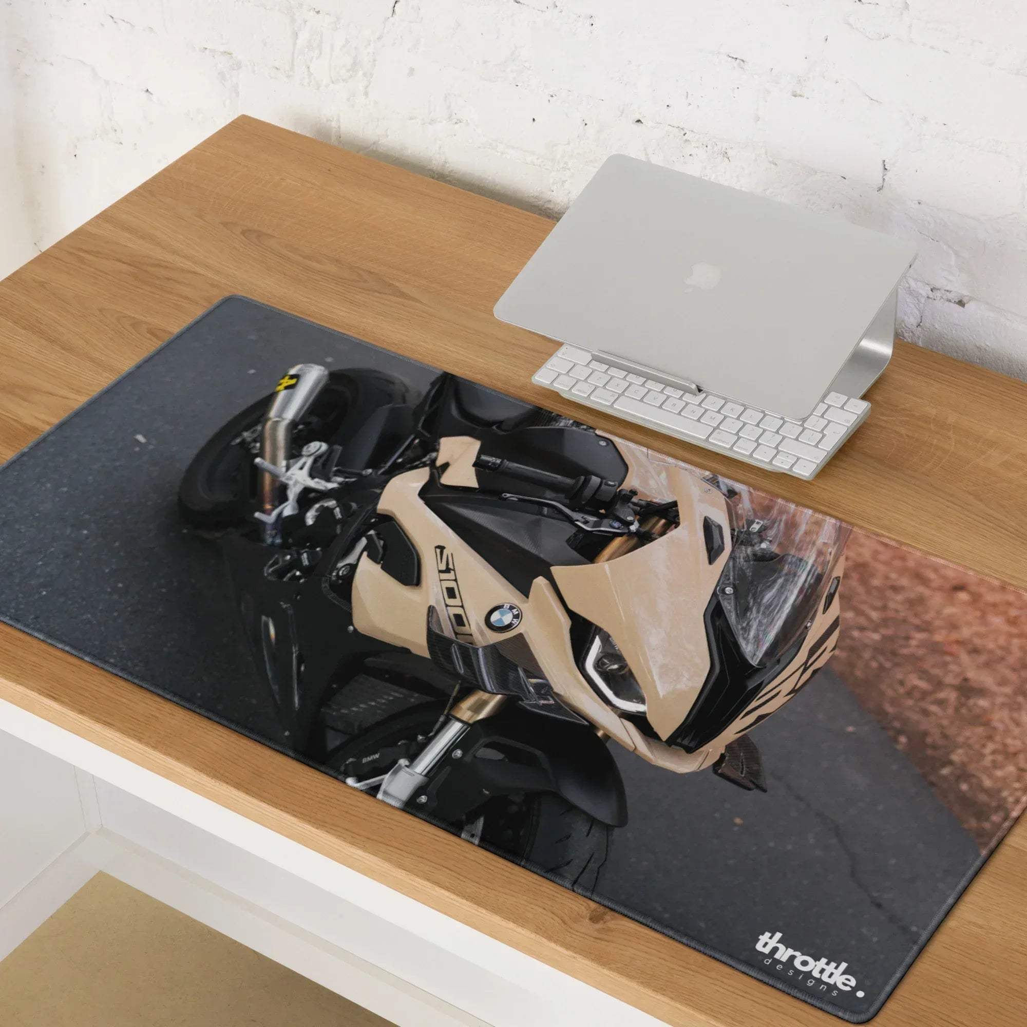 Black BMW inspired s1000rr gaming mouse pad with detailed tan and black motorcycle print, large and extended size