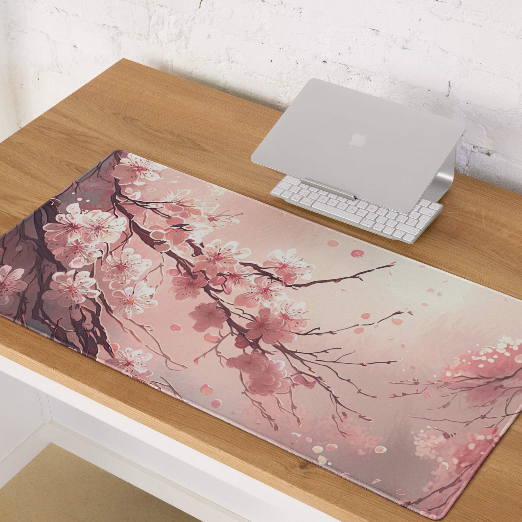 Rectangular pink cherry blossom mouse pad with delicate floral design and soft gradient for gaming desk decor