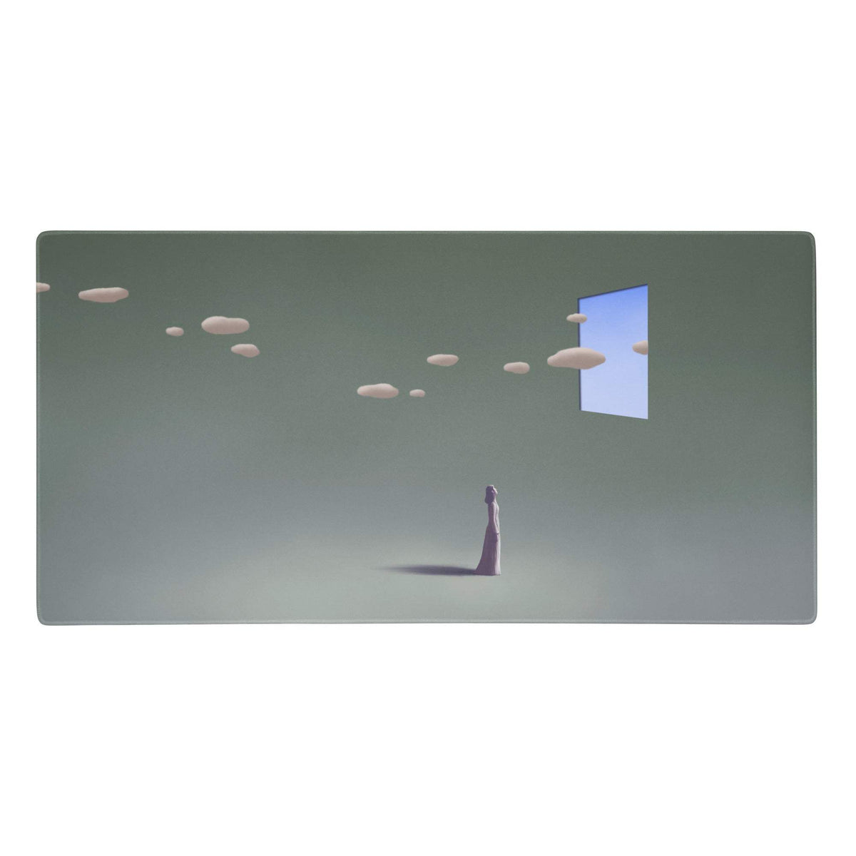 Minimalist digital artwork on teal gradient surreal gaming desk pad featuring solitary figure in muted green landscape