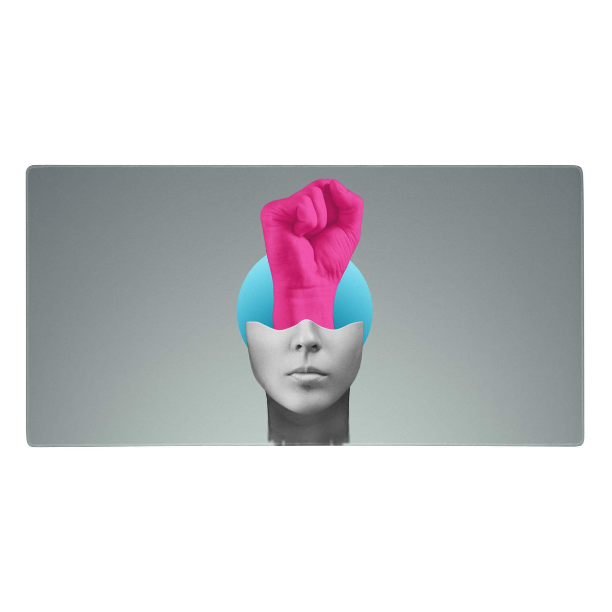 Rectangular desk pad with stylized pink fist emerging from blue sphere above grayscale face in bold pop art style