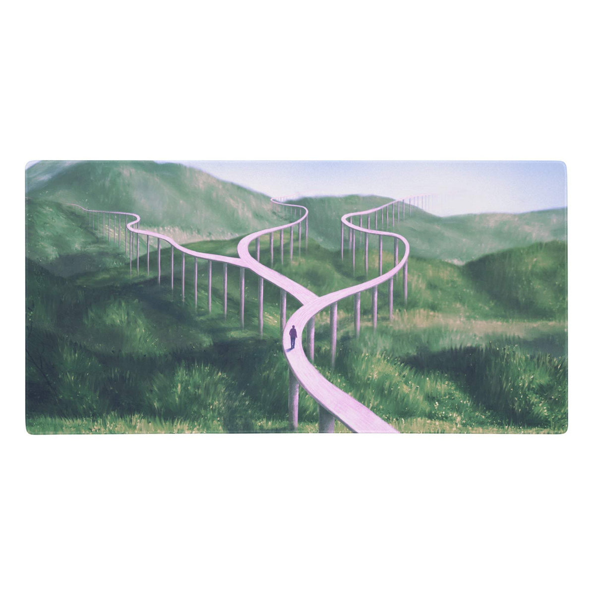 Rectangular pastel pink path landscape mouse pad with surreal winding pink pathways on green hills for office desk use