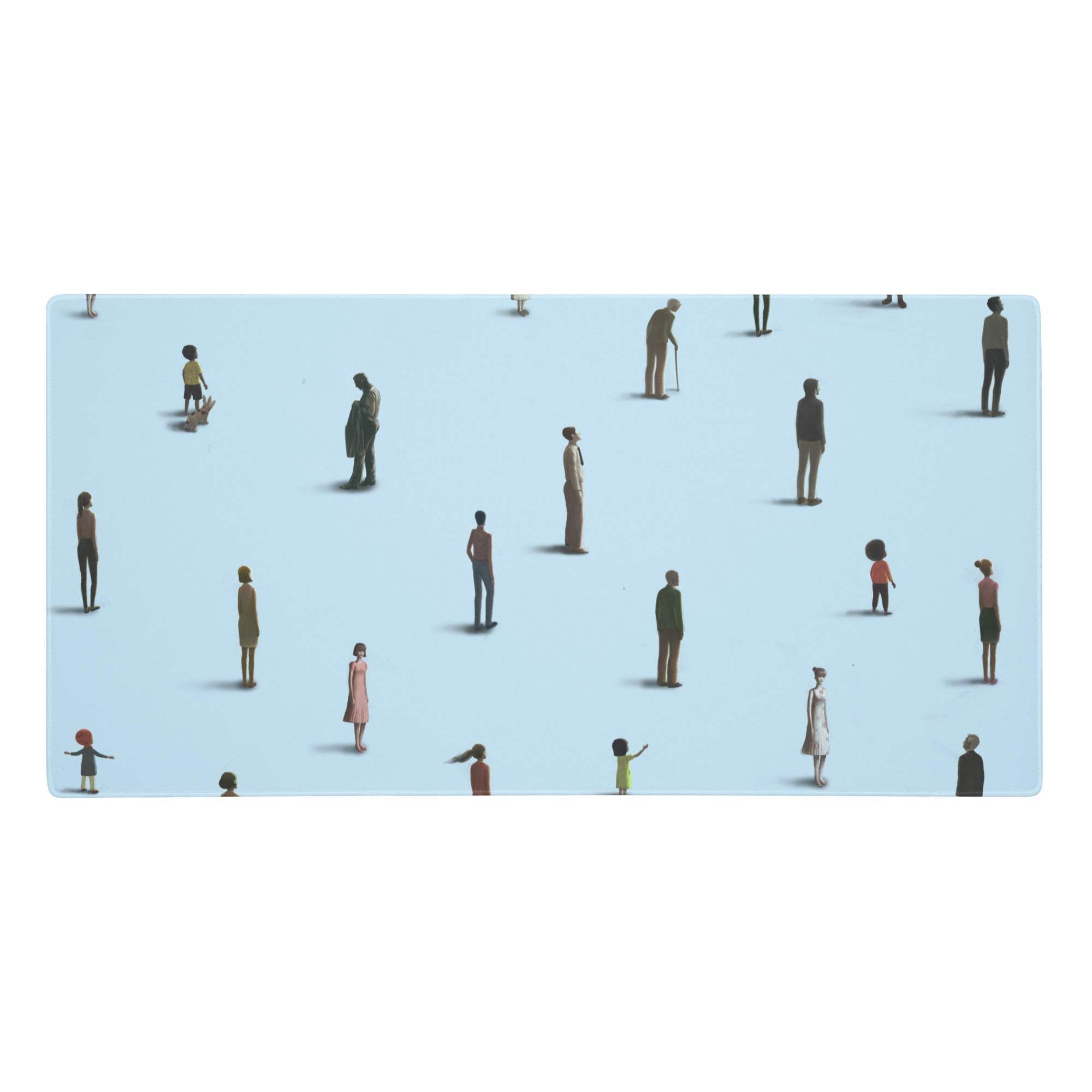 Light blue silhouette desk pad rectangular glass mat with minimalist diverse human figures in muted earth tones