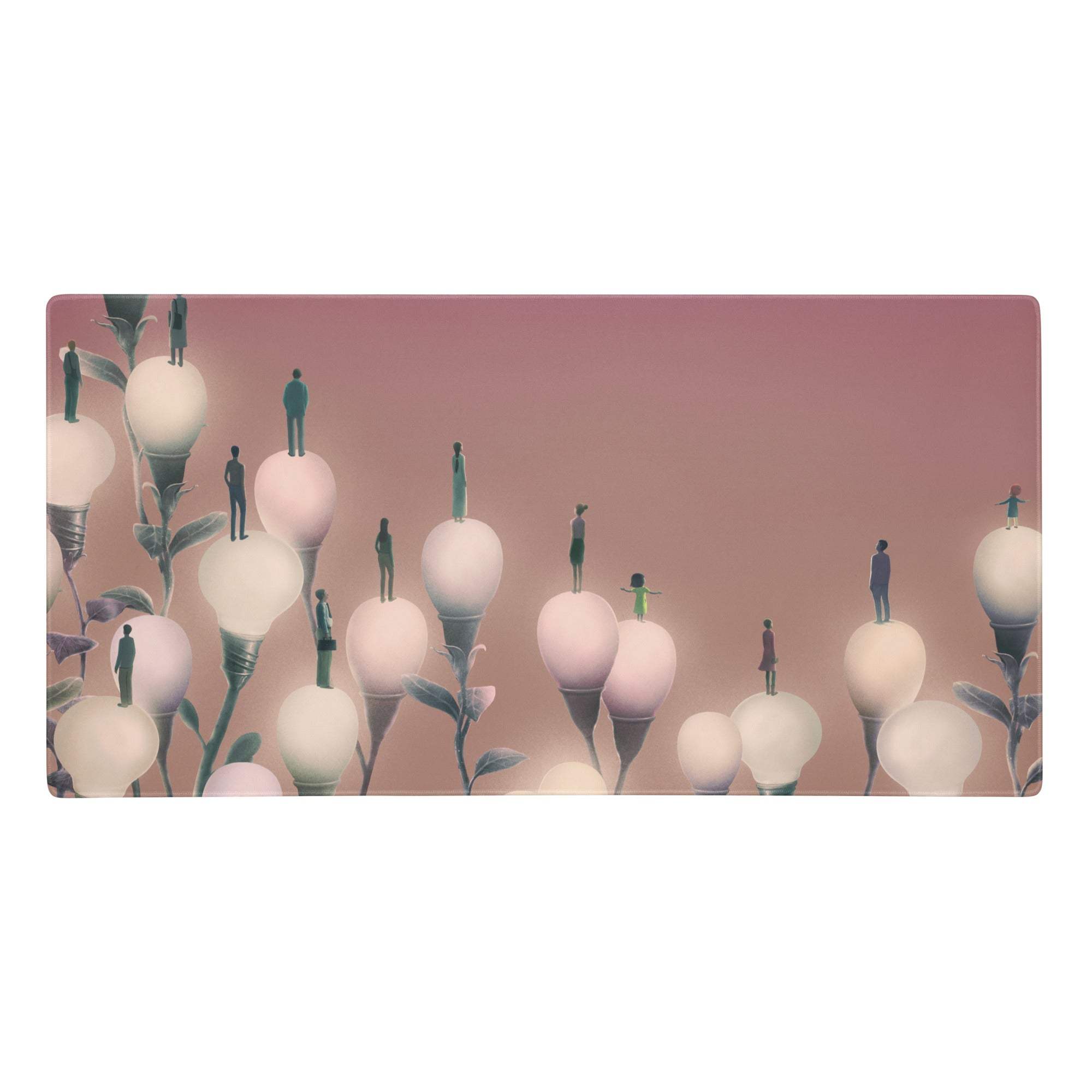 Rectangular blush gradient desk pad with artistic miniature figures on glowing lightbulb flowers for home office use