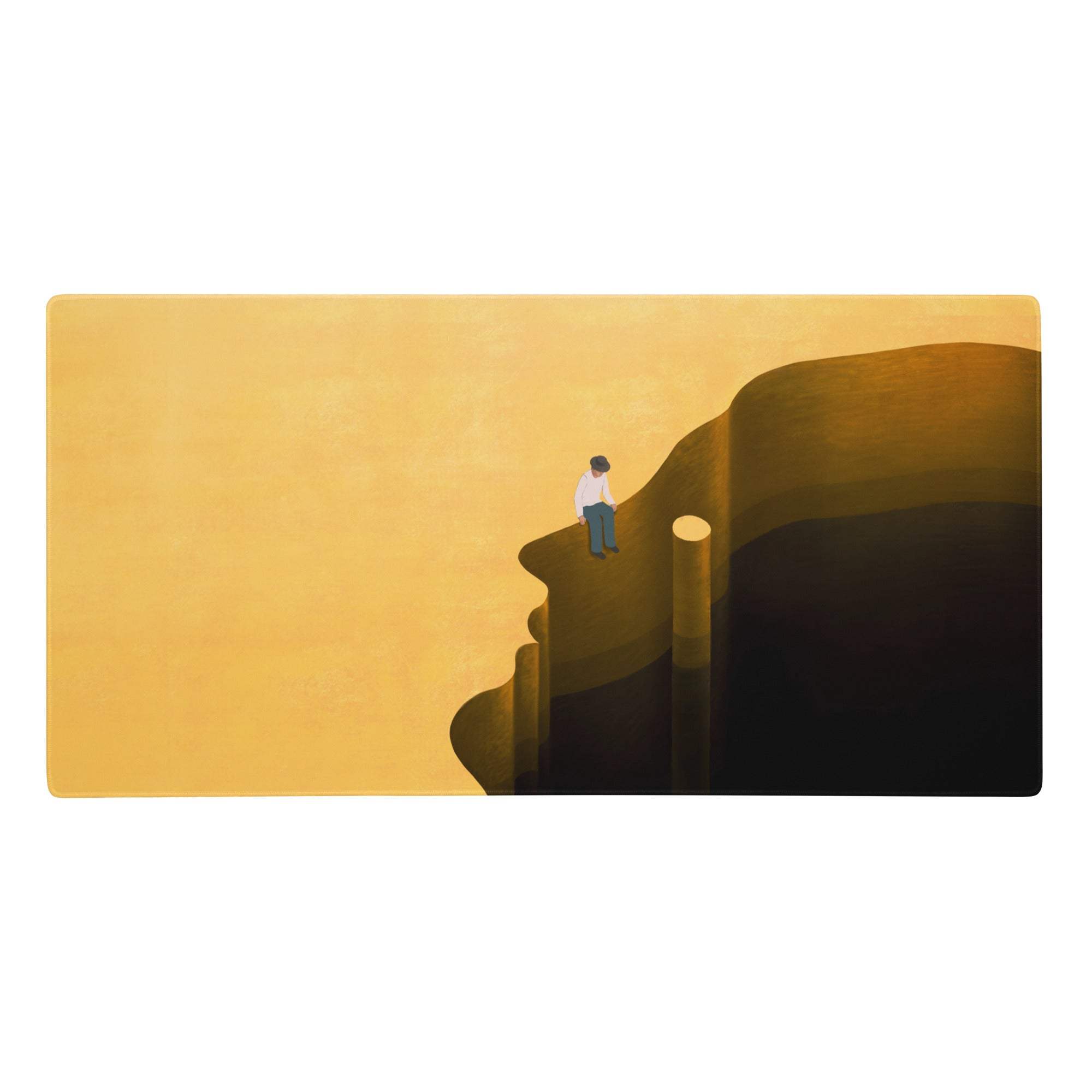Golden desert dunes mouse pad with minimalist illustration of lone figure on cliff in warm yellow gold gradient