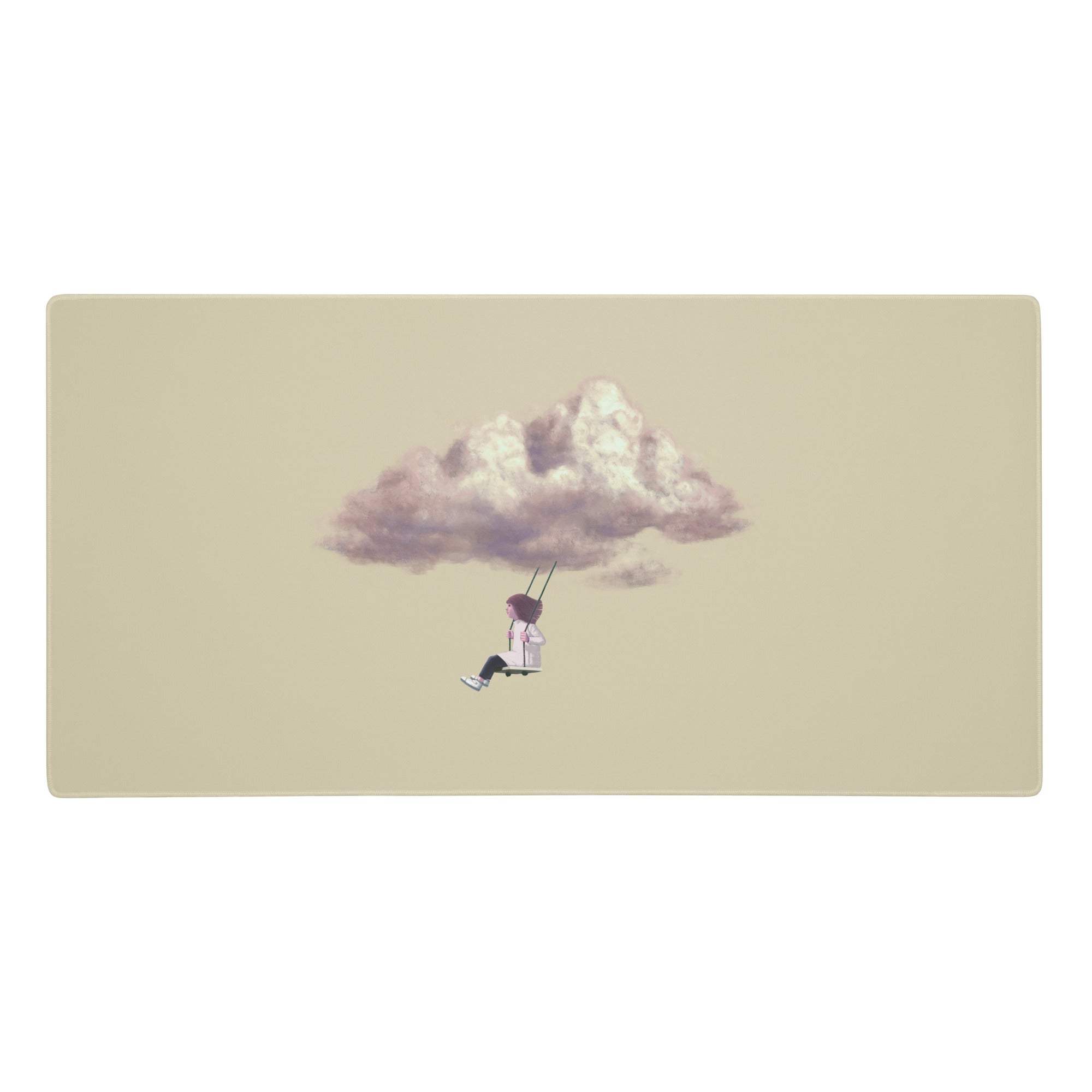 Beige rectangular mousepad with a soft pastel illustration of a person on a cloud swing for minimalist office decor