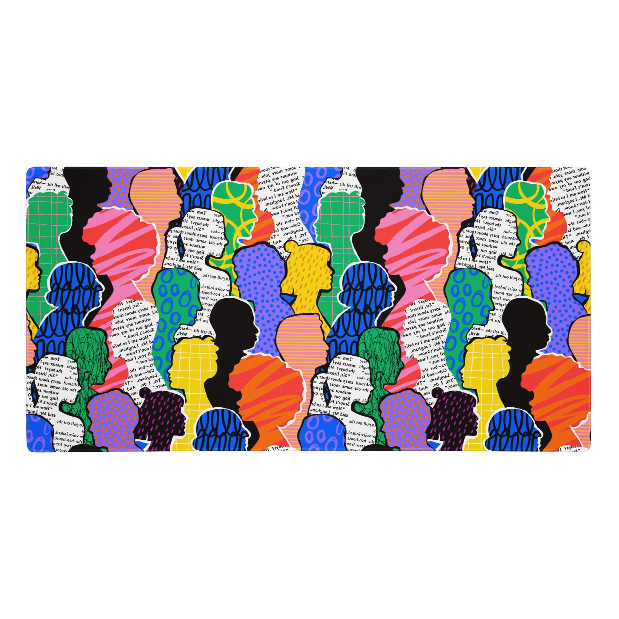 Vibrant pop art rainbow mouse pad featuring multicolored stylized silhouettes of women with afros on printed text background