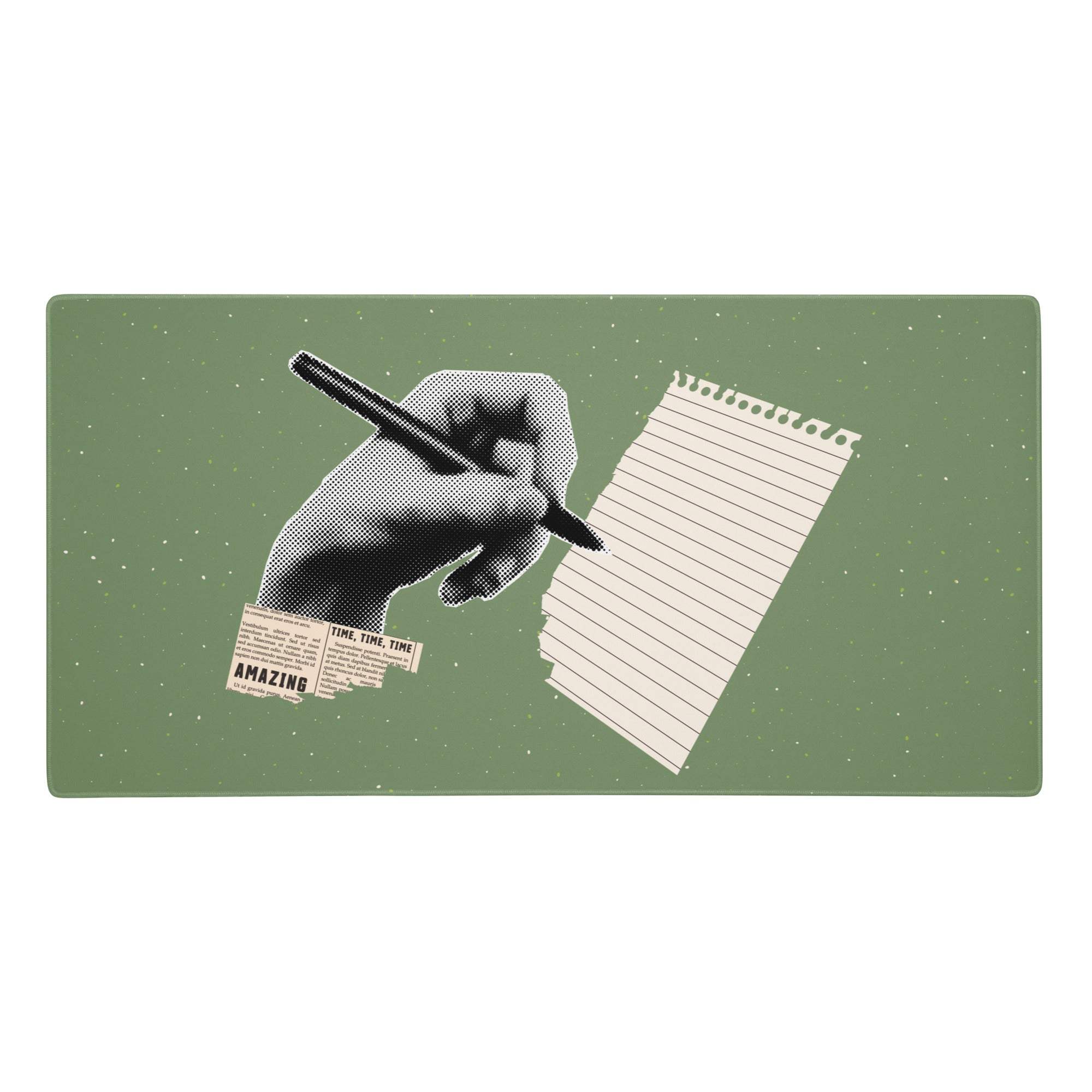 Olive green rectangular desk mat with stylized halftone hand writing on lined paper and newspaper clippings design