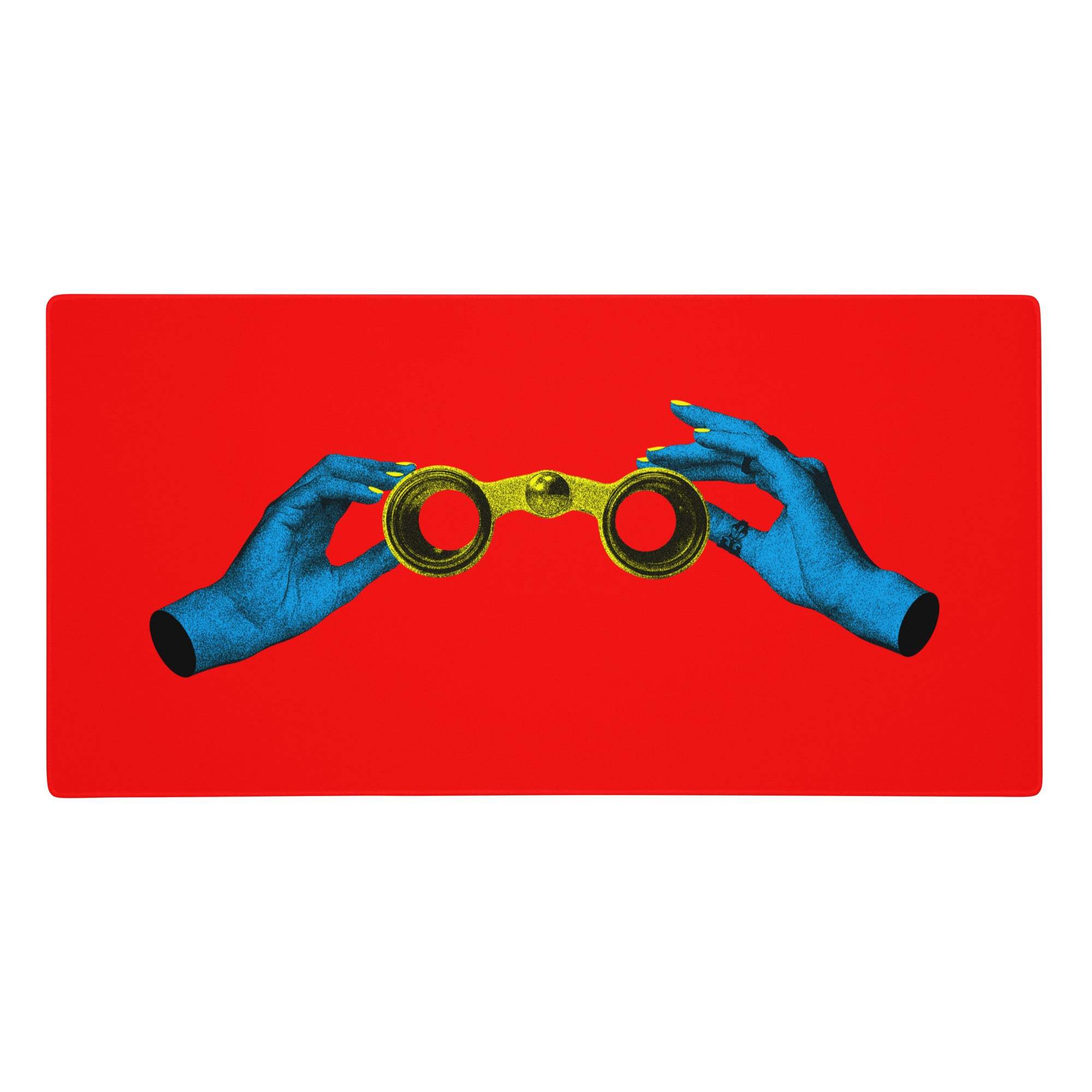 Blue hands binoculars pop art mouse pad showing blue hands with yellow nails holding gold binoculars on red background